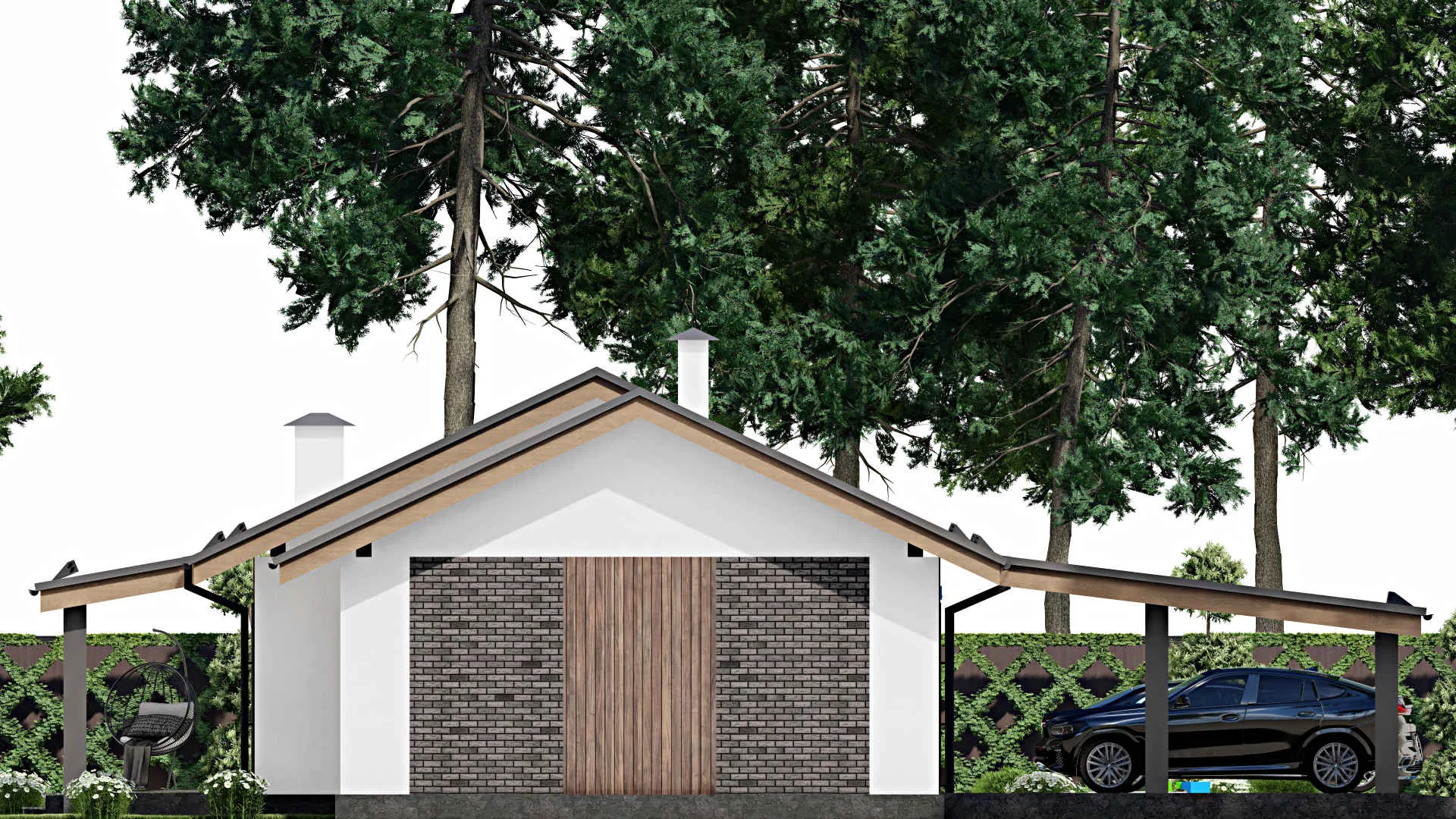 F-10709 - План одноэтажного дома 18 на 23, площадью 230 м² с террасой, гаражом на 1 машину и 3 спальнями