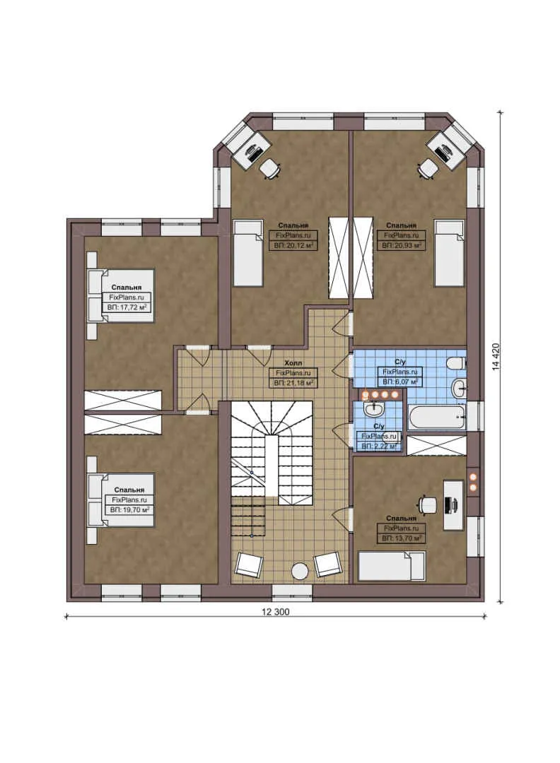 F-5228 - Планы двухэтажного дома 13 на 17, площадью 260 м² с 7 спальнями