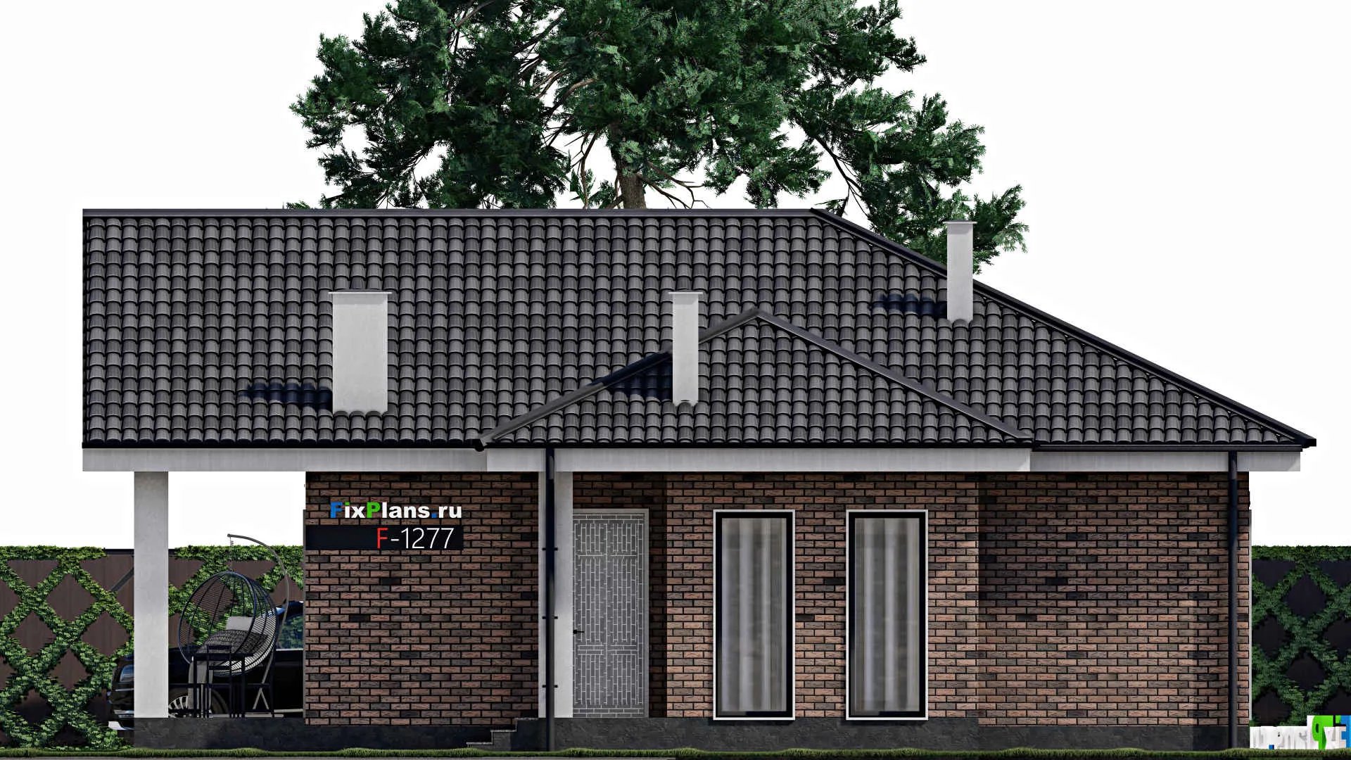 F-1277 - План одноэтажного дома 11 на 12, площадью 120 м² с террасой и 3 спальнями