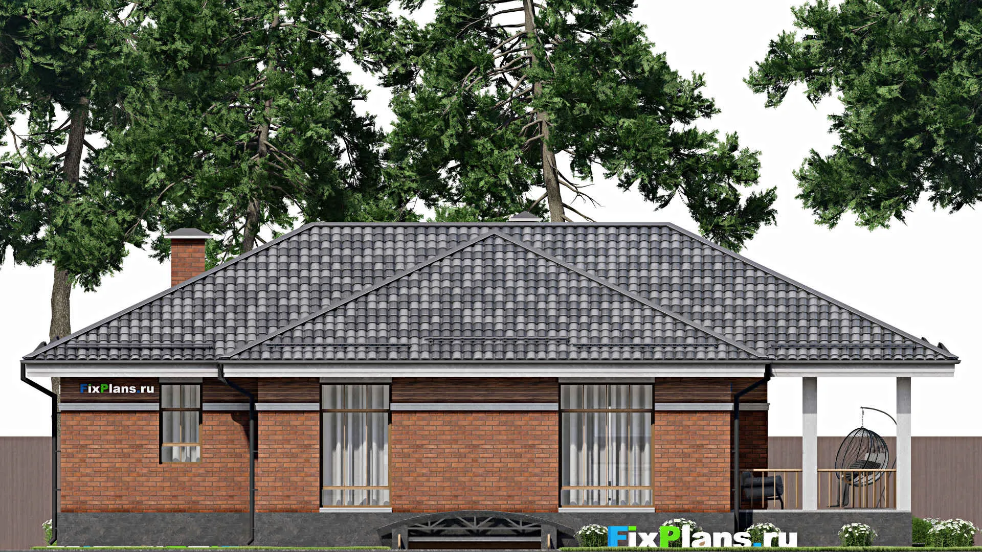 F-8711 - Проект одноэтажного дома 13 на 18, площадью 220 м² с террасой, цокольным этажом и 3 спальнями