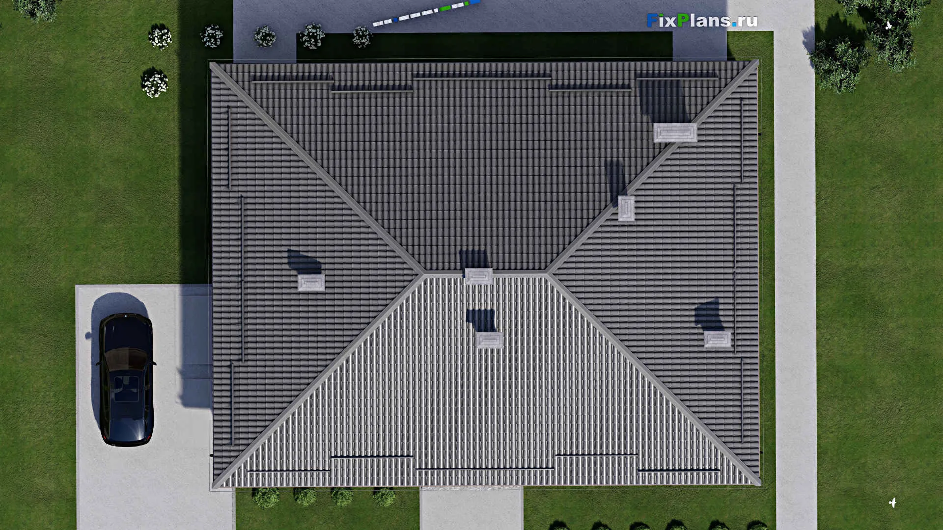 F-5984 - Проект одноэтажного дома 13 на 19, площадью 230 м² с террасой, гаражом на 2 машины и 3 спальнями