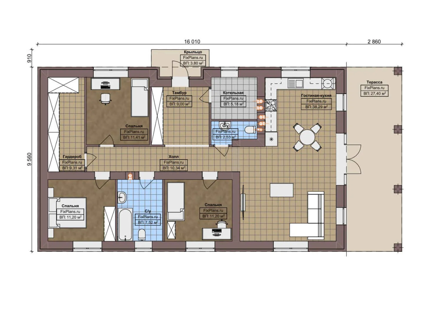 F-6902 - План одноэтажного дома 10 на 17, площадью 150 м² с террасой и 3 спальнями