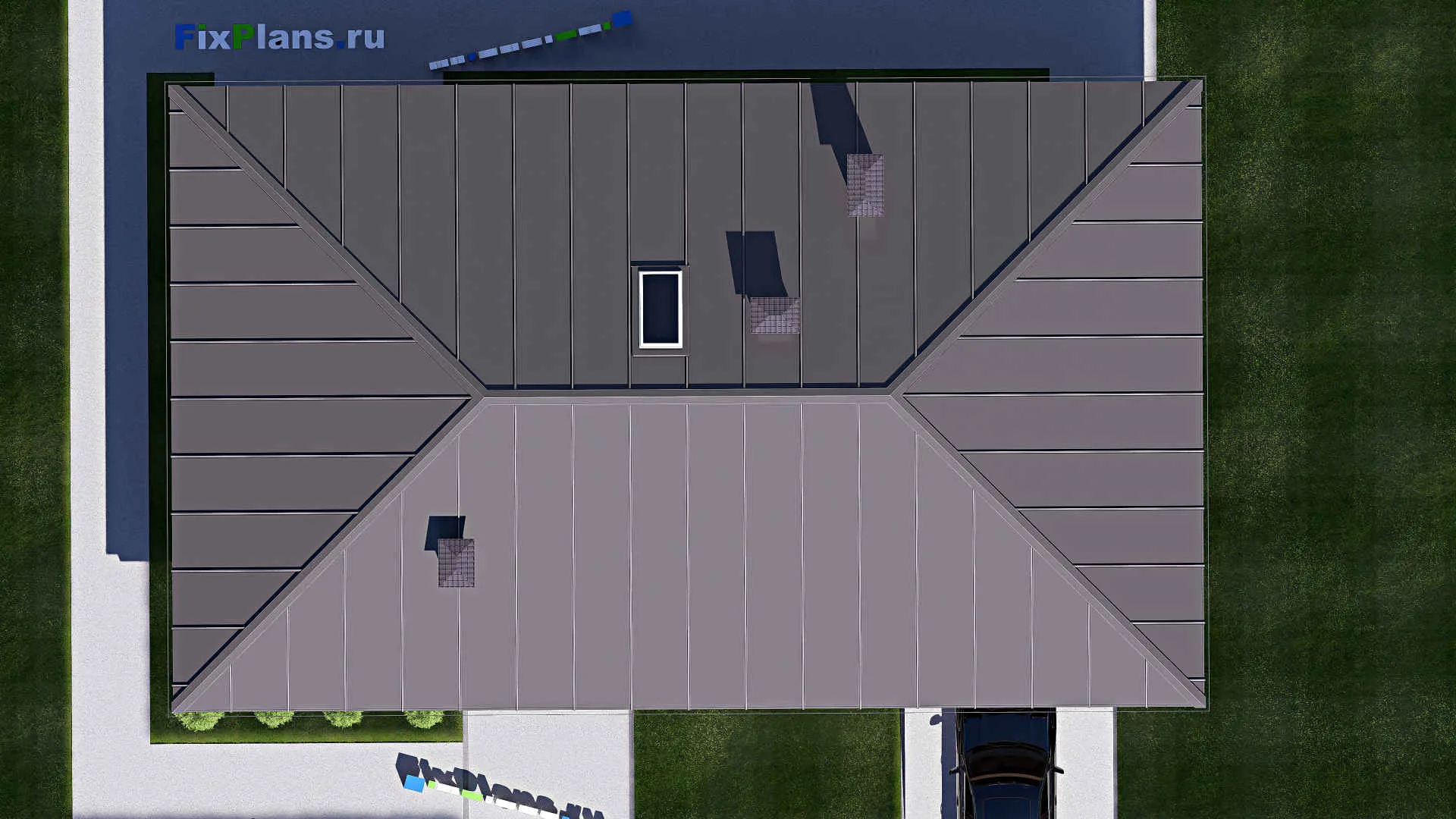 F-17909 - План одноэтажного дома 11 на 19, площадью 160 м² с террасой, гаражом на 2 машины и 3 спальнями