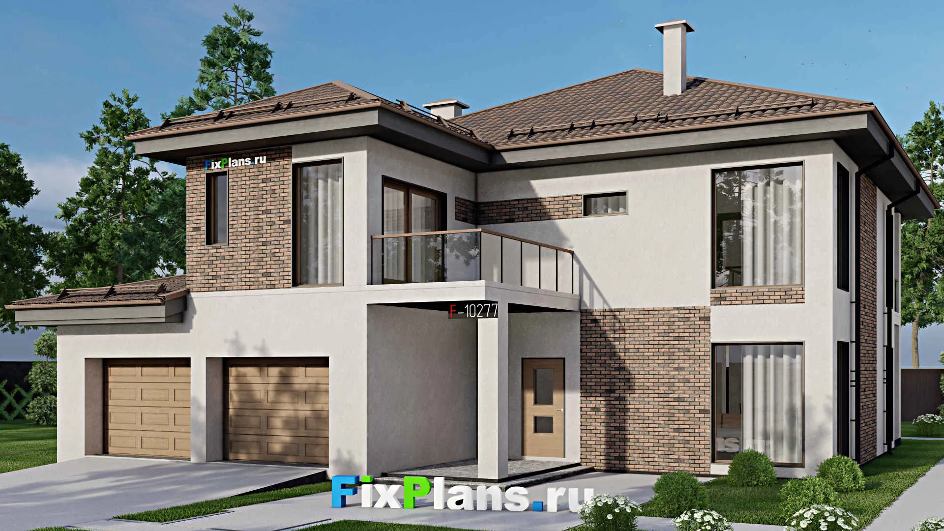 F-10277 - Проект двухэтажного дома 16 на 17, площадью 300 м² с террасой, балконом, баней, гаражом на 2 машины и 5 спальнями