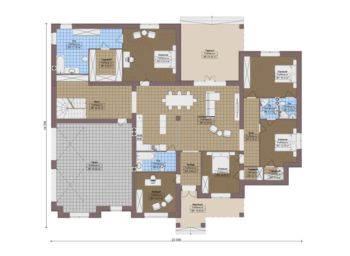 F-16901 - План одноэтажного дома 19 на 23, площадью 450 м² с террасой, гаражом на 2 машины и 4 спальнями