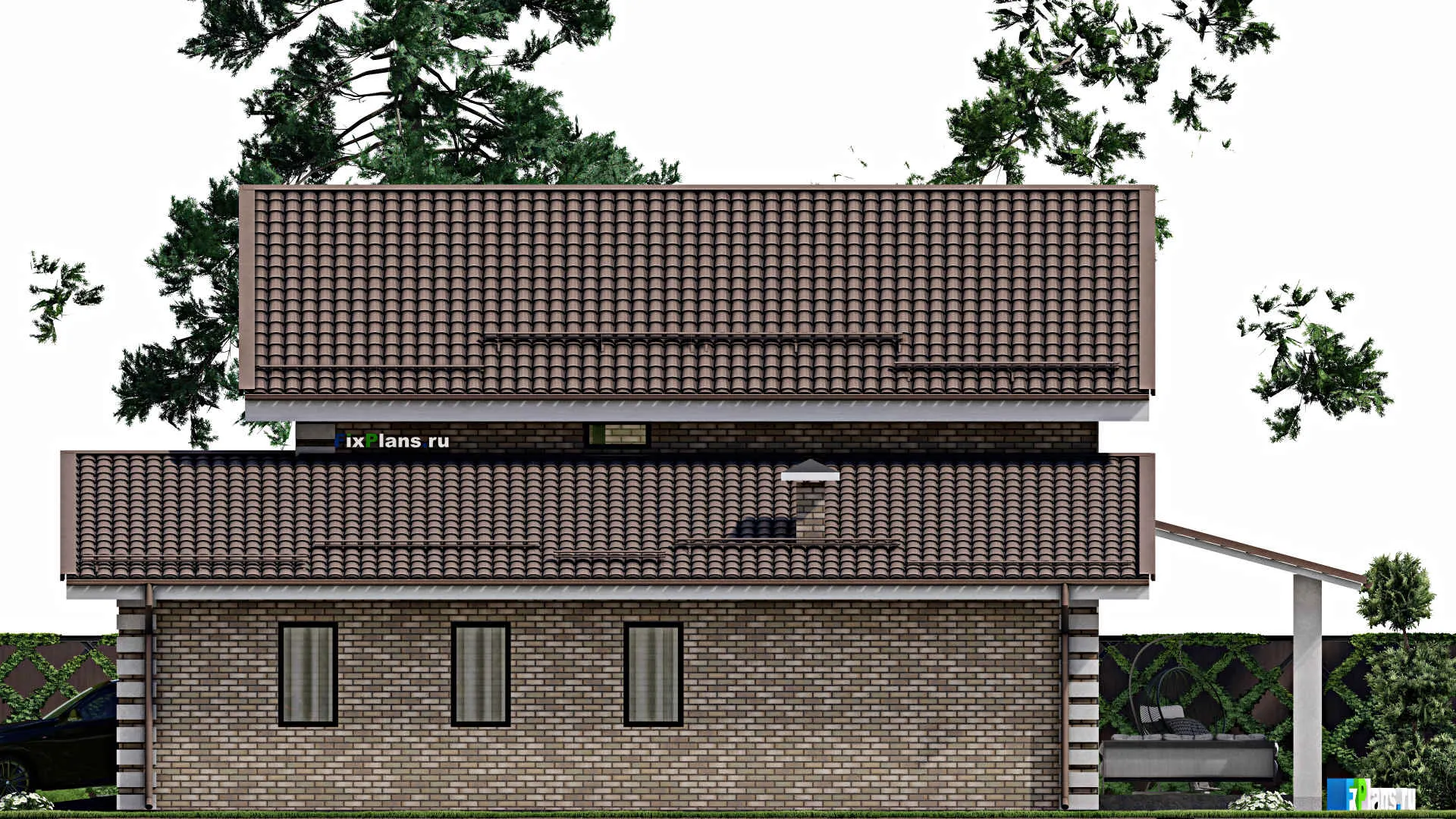 F-2375 - Проект дома с мансардой 14 на 16, площадью 240 м² с террасой, гаражом на 2 машины и 3 спальнями