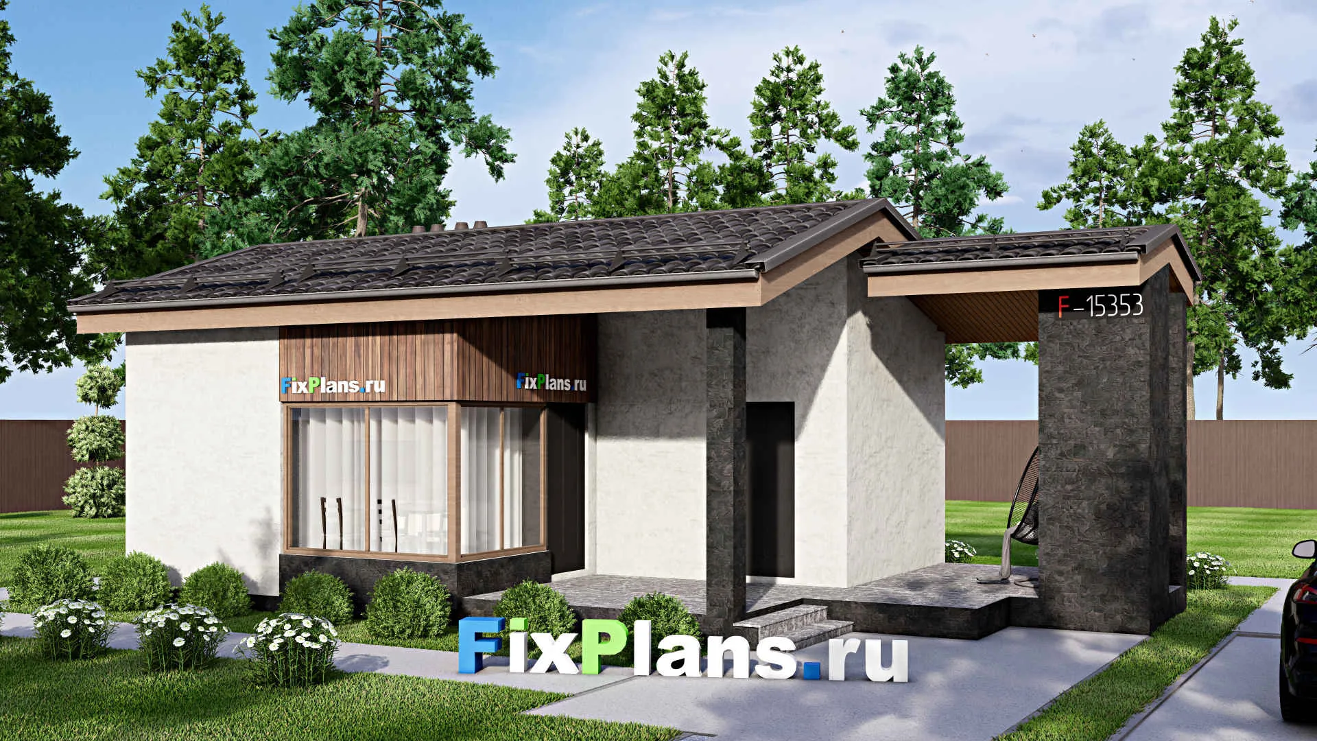 F-15353 - Проект бани 7 на 12, площадью 60 м² с комнатой отдыха, терассой и санузлом