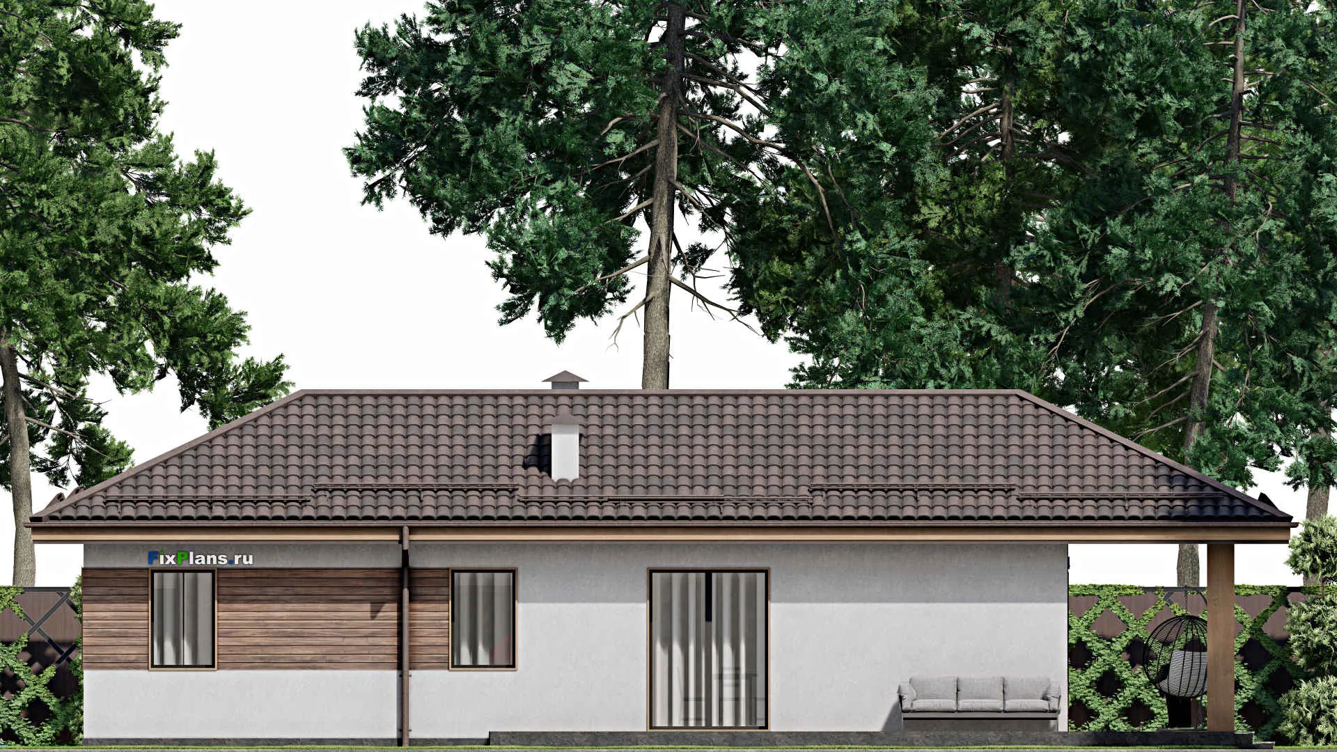 F-6308 - План одноэтажного дома 15 на 21, площадью 190 м² с террасой и 4 спальнями