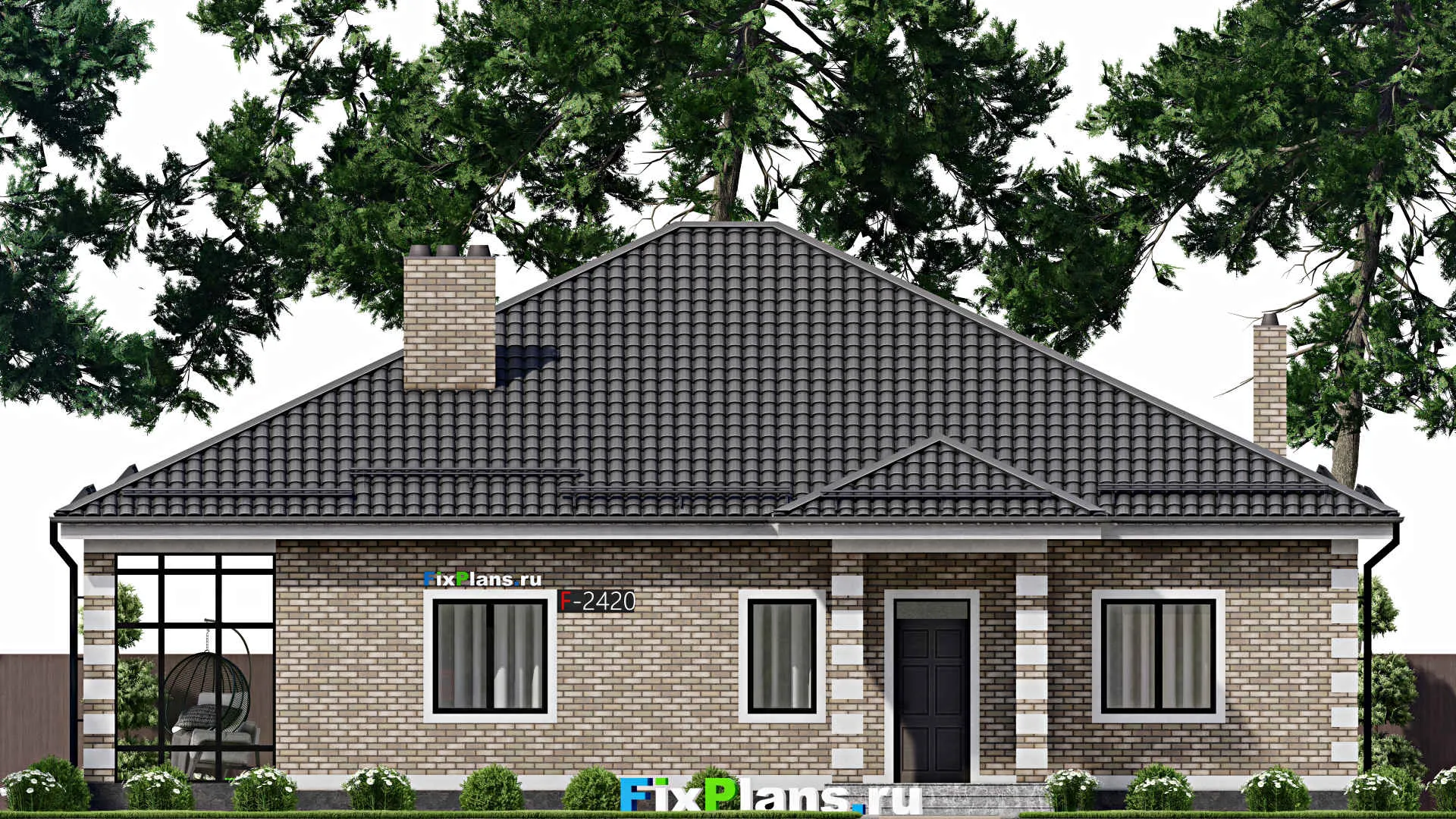 F-2420 - Проект одноэтажного дома 15 на 16, площадью 220 м² с террасой и 3 спальнями
