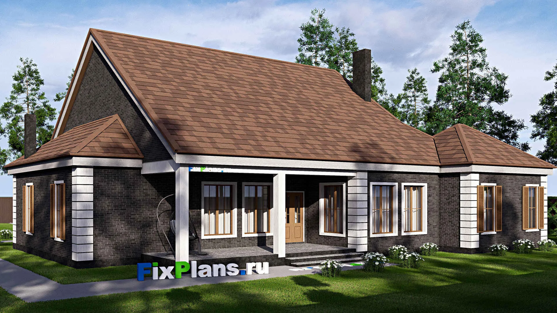 F-17090 - Проект одноэтажного дома 21 на 28, площадью 310 м² с террасой, гаражом на 2 машины и 4 спальнями