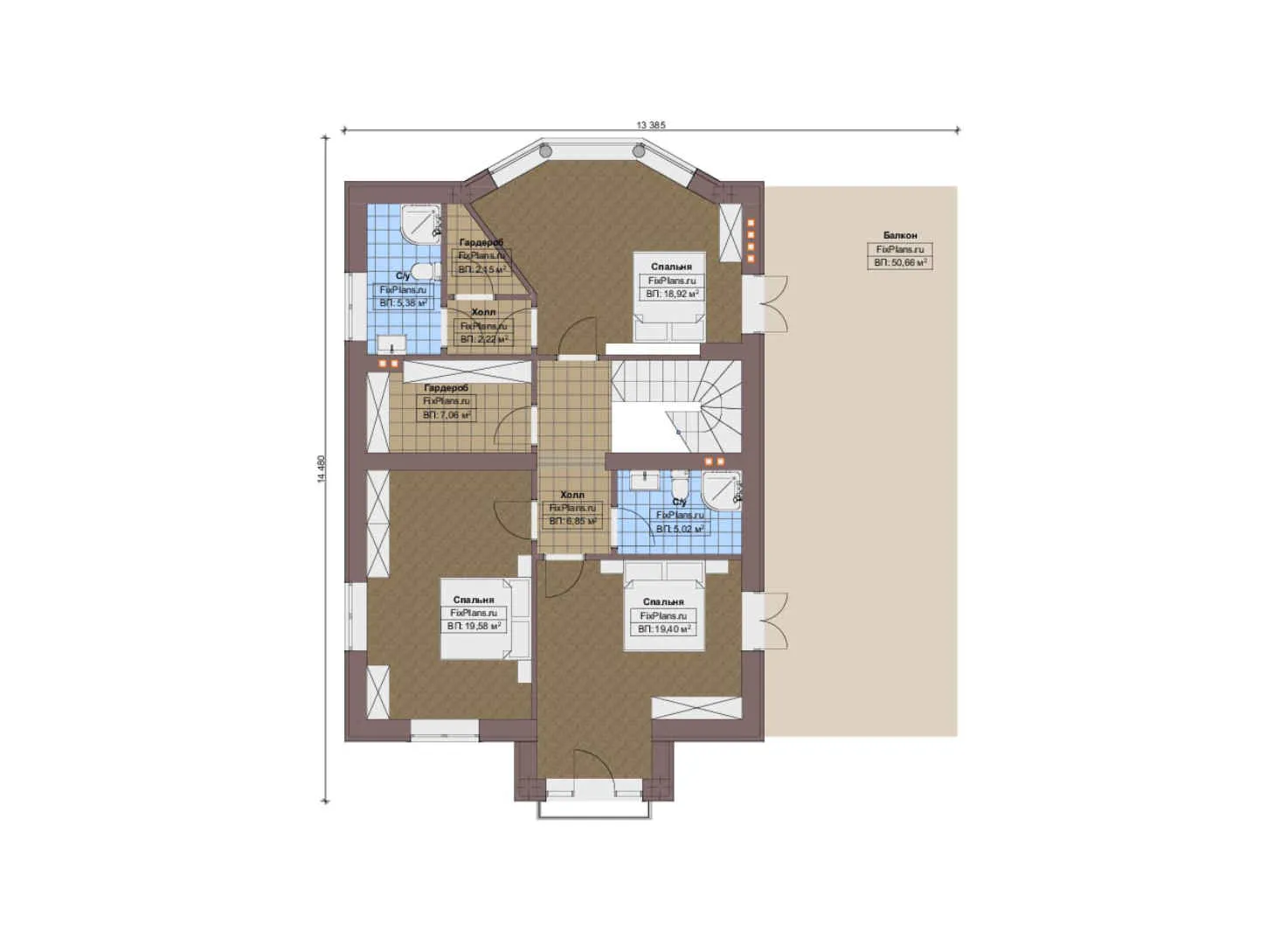 F-12716 - Планы двухэтажного дома 14 на 18, площадью 300 м² с террасой, балконом, гаражом на 1 машину и 3 спальнями