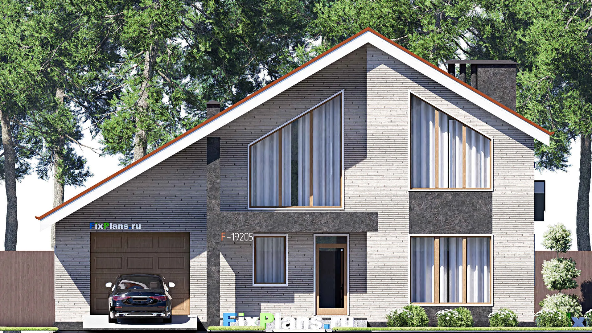 F-19205 - Планы дома с мансардой 15 на 16, площадью 260 м² с террасой, балконом, гаражом на 1 машину и 5 спальнями