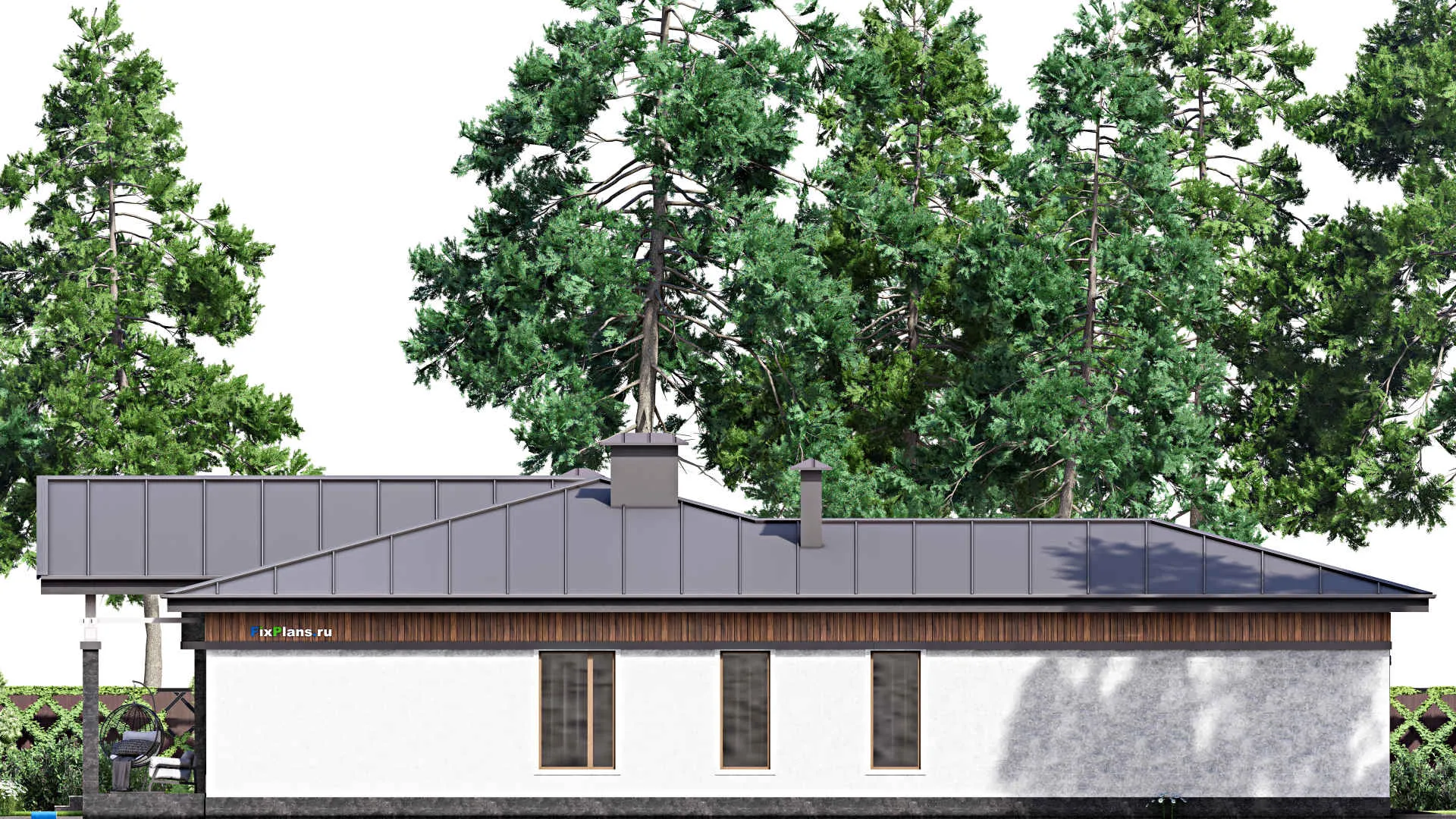 F-15281 - План одноэтажного дома 23 на 25, площадью 410 м² с террасой, баней, гаражом на 2 машины и 3 спальнями