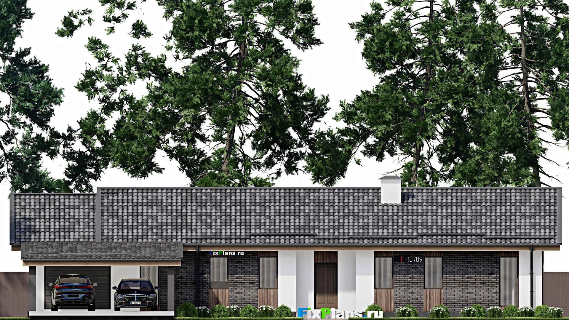 F-10709 - План одноэтажного дома 18 на 23, площадью 230 м² с террасой, гаражом на 1 машину и 3 спальнями