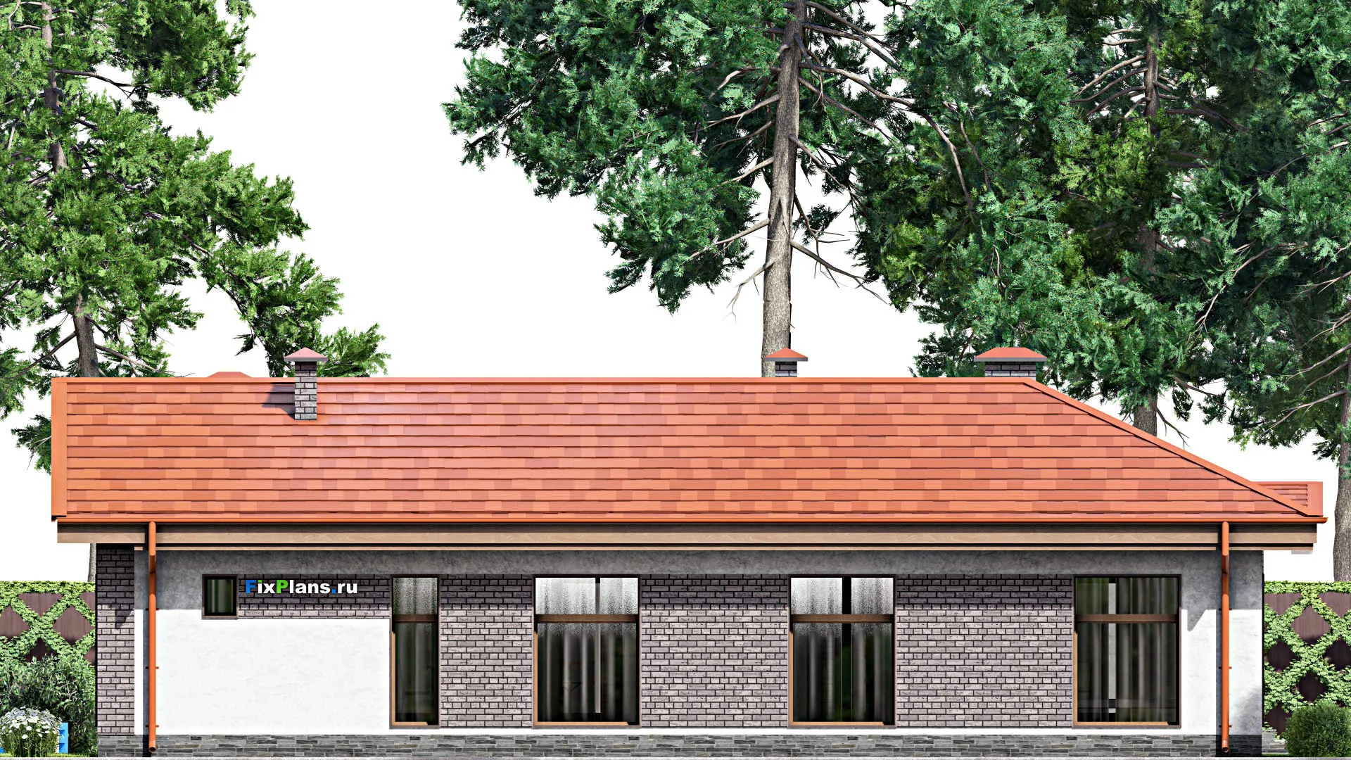 F-13895 - План одноэтажного дома 16 на 22, площадью 250 м² с террасой, баней и 3 спальнями