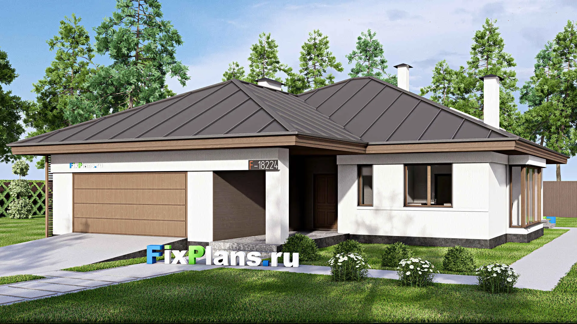 F-18224 - Проект одноэтажного дома 15 на 19, площадью 200 м² с террасой, гаражом на 2 машины и 3 спальнями