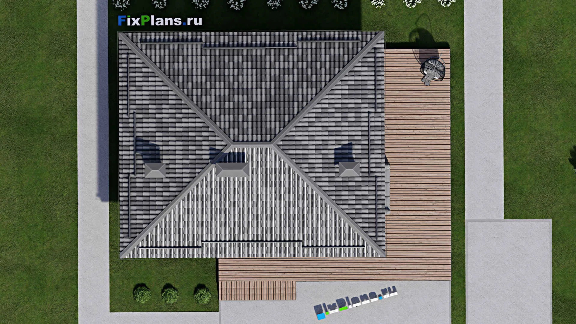 F-10952 - План одноэтажного дома 12 на 16, площадью 140 м² с террасой и 3 спальнями