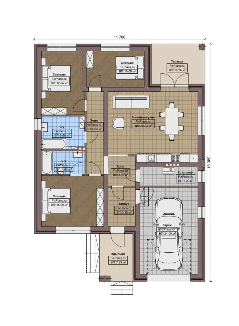 F-9134 - План одноэтажного дома 12 на 17, площадью 150 м² с террасой, гаражом на 1 машину и 3 спальнями