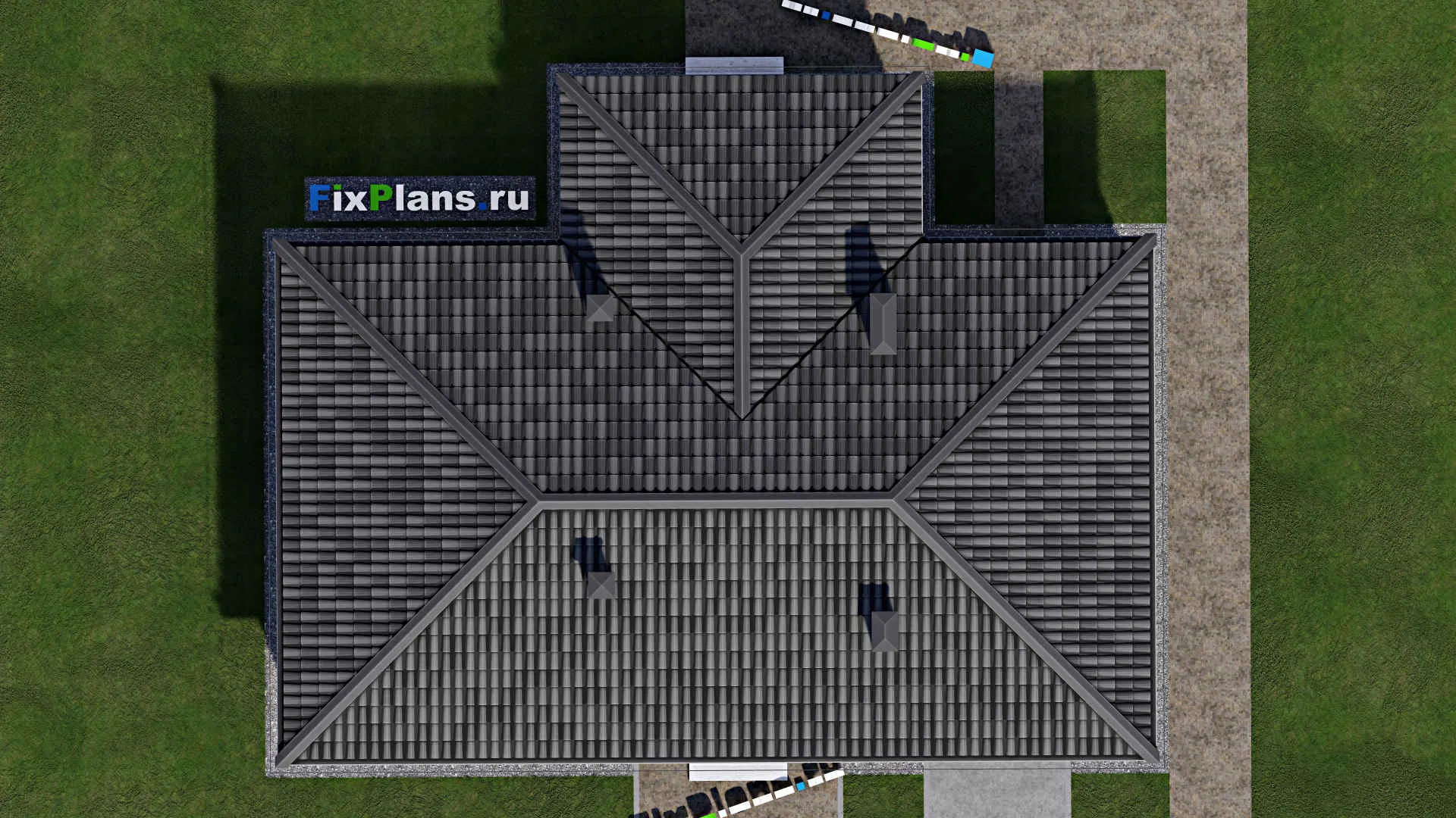 F-1169 - Проект одноэтажного дома 9 на 16, площадью 120 м² с террасой, гаражом на 1 машину и 2 спальнями