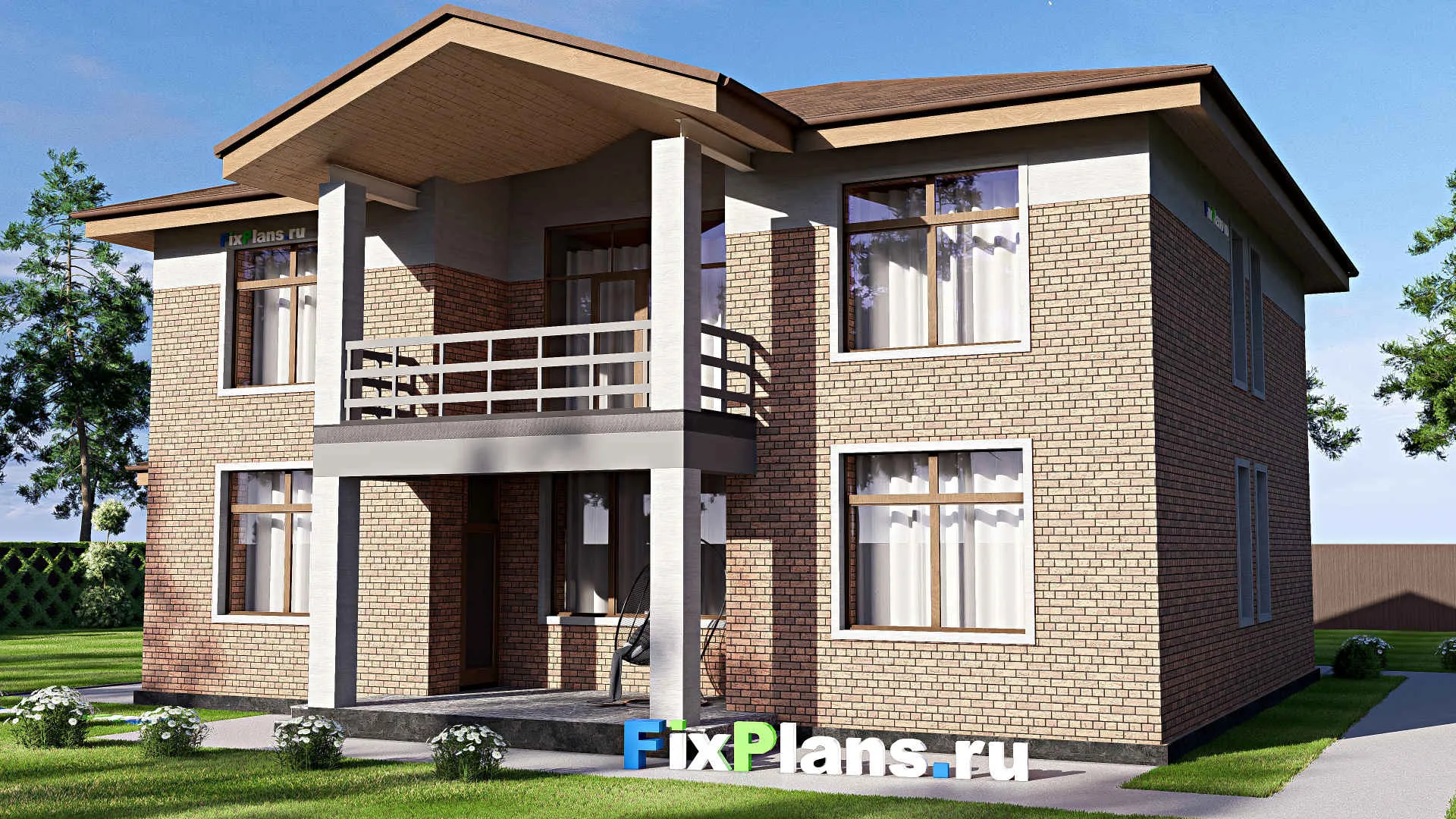 F-17063 - Планы двухэтажного дома 18 на 18, площадью 290 м² с террасой, балконом и 5 спальнями