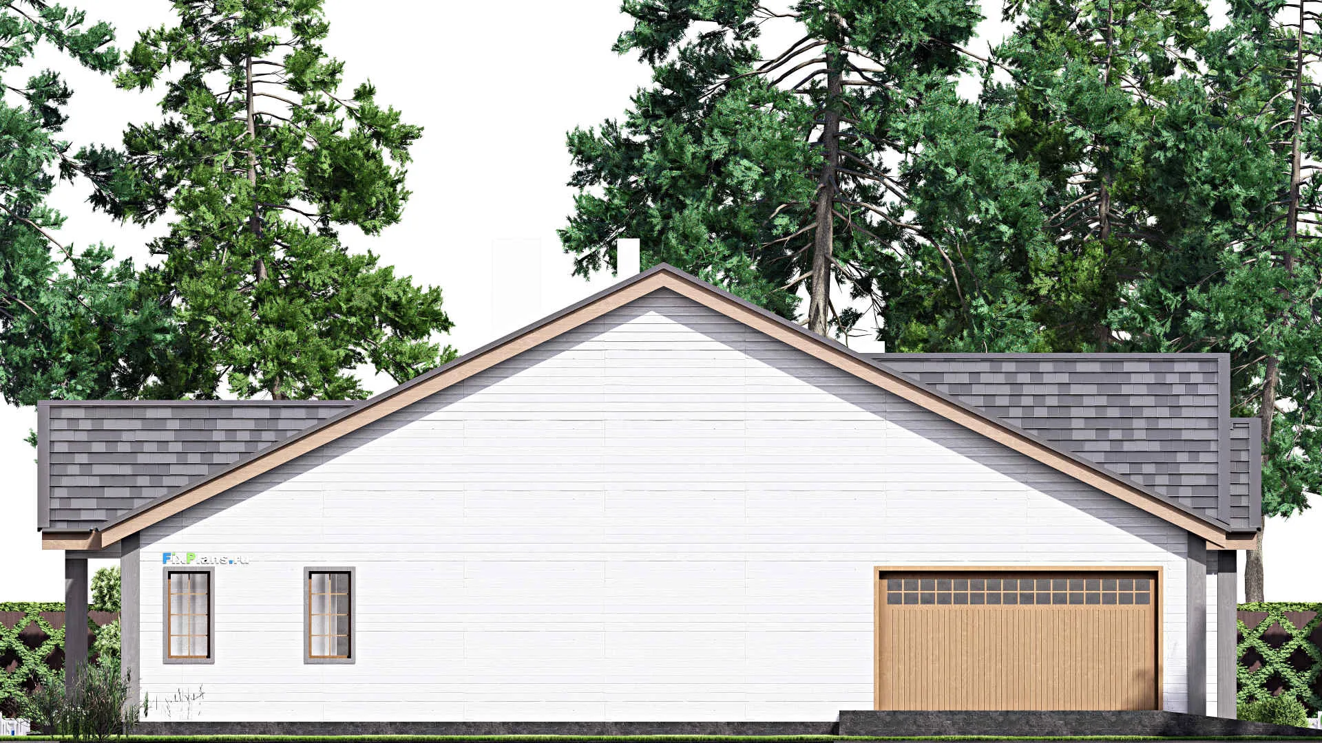 F-16253 - План одноэтажного дома 17 на 21, площадью 500 м² с террасой, гаражом на 2 машины и 3 спальнями