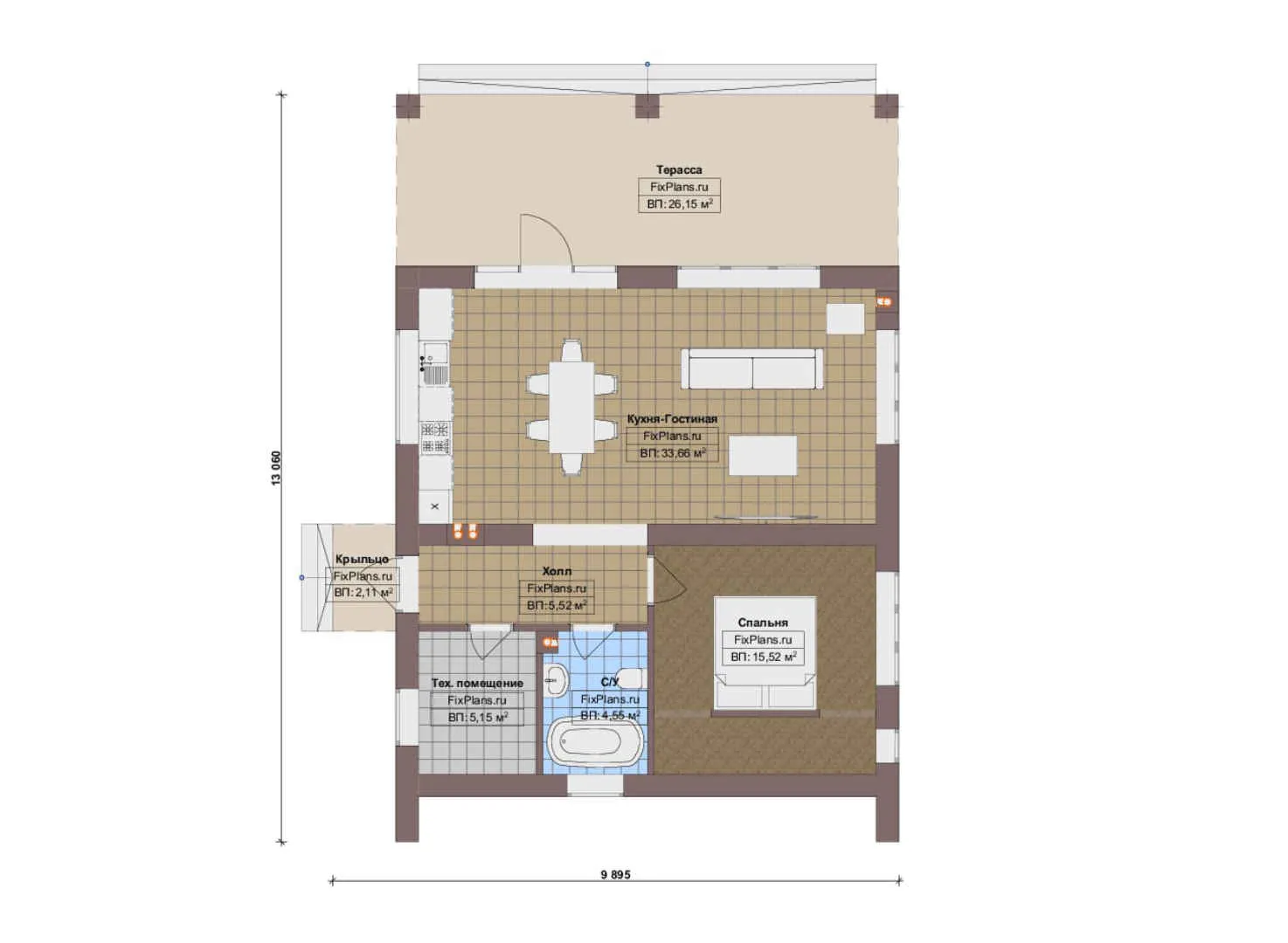 F-18044 - План одноэтажного дома 10 на 14, площадью 100 м² с террасой и 1 спальнями