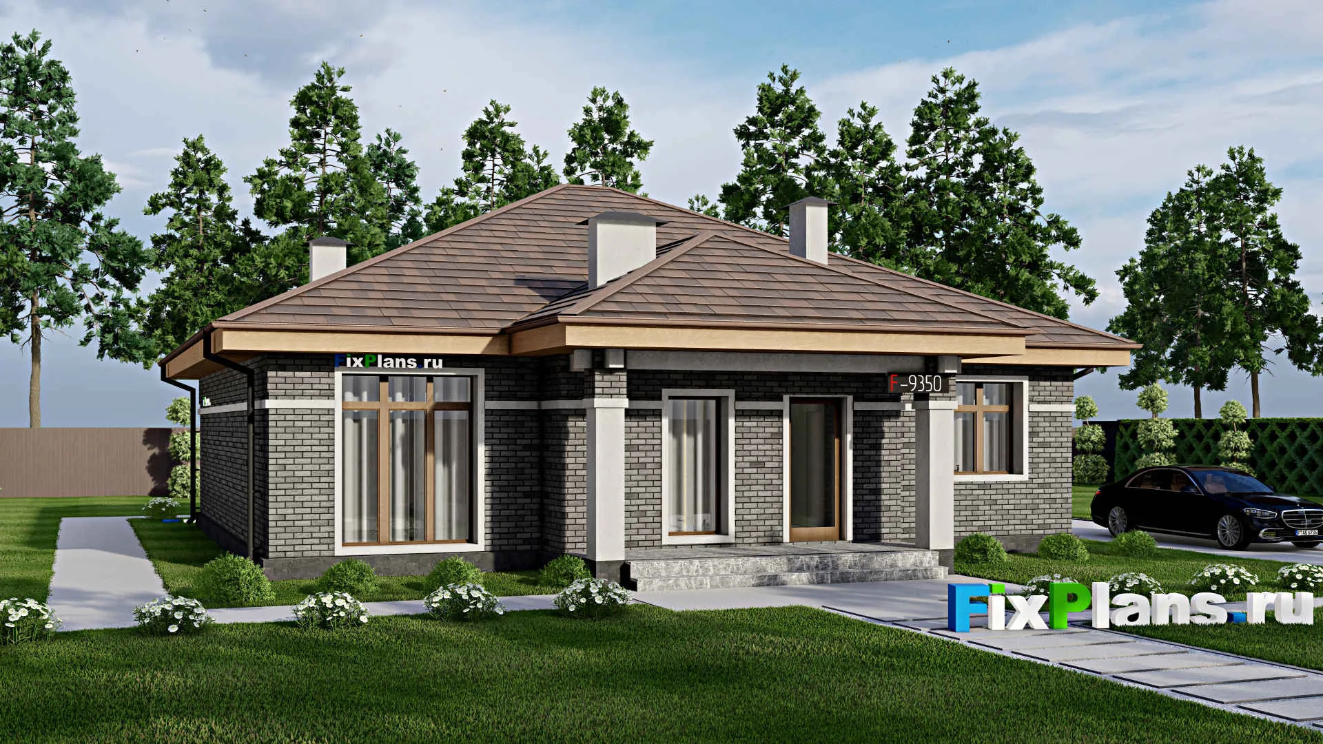 F-9350 - Проект одноэтажного дома 15 на 16, площадью 160 м² с террасой и 3 спальнями