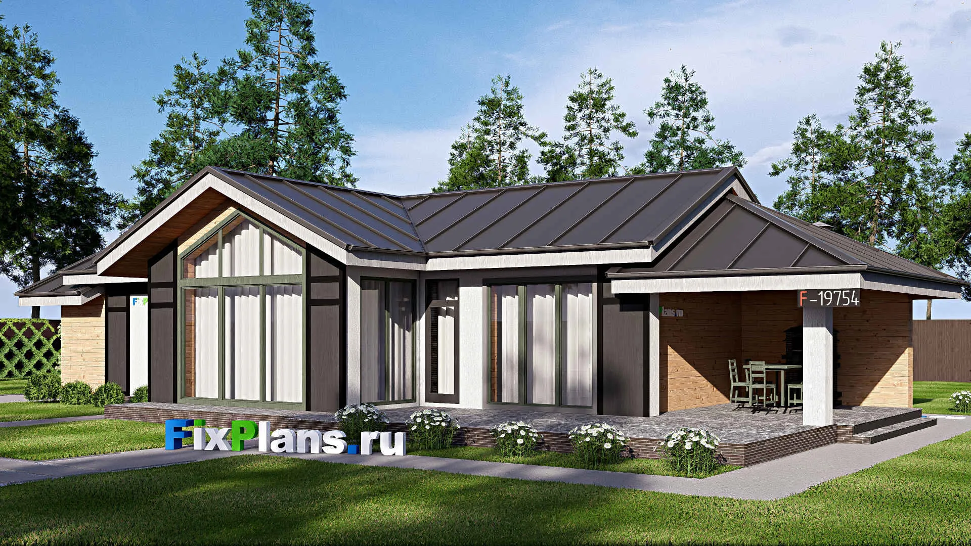 F-19754 - Проект одноэтажного дома 10 на 22, площадью 150 м² с террасой, баней и 1 спальнями