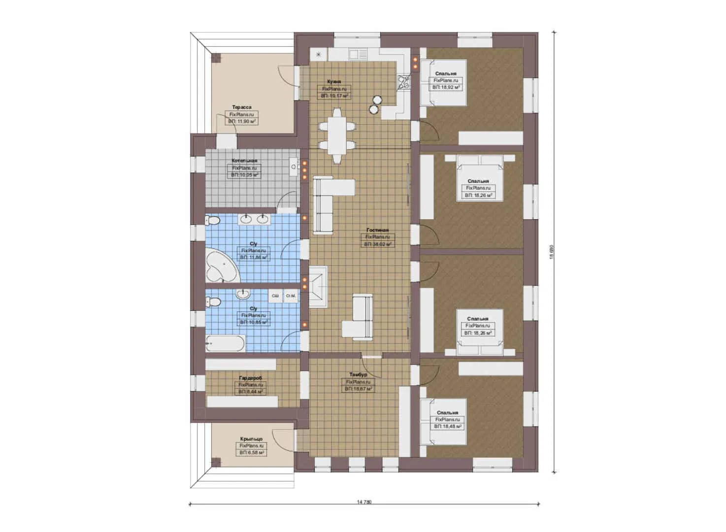 F-15236 - План одноэтажного дома 15 на 19, площадью 210 м² с террасой и 4 спальнями