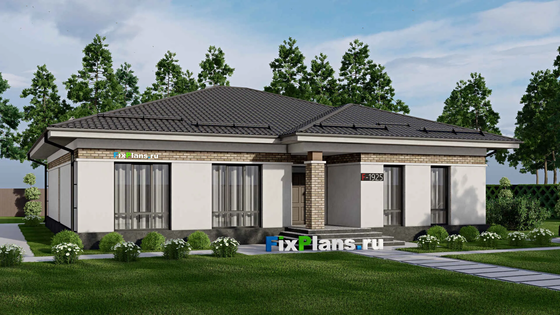 F-1925 - Проект одноэтажного дома 17 на 17, площадью 230 м² с террасой и 4 спальнями