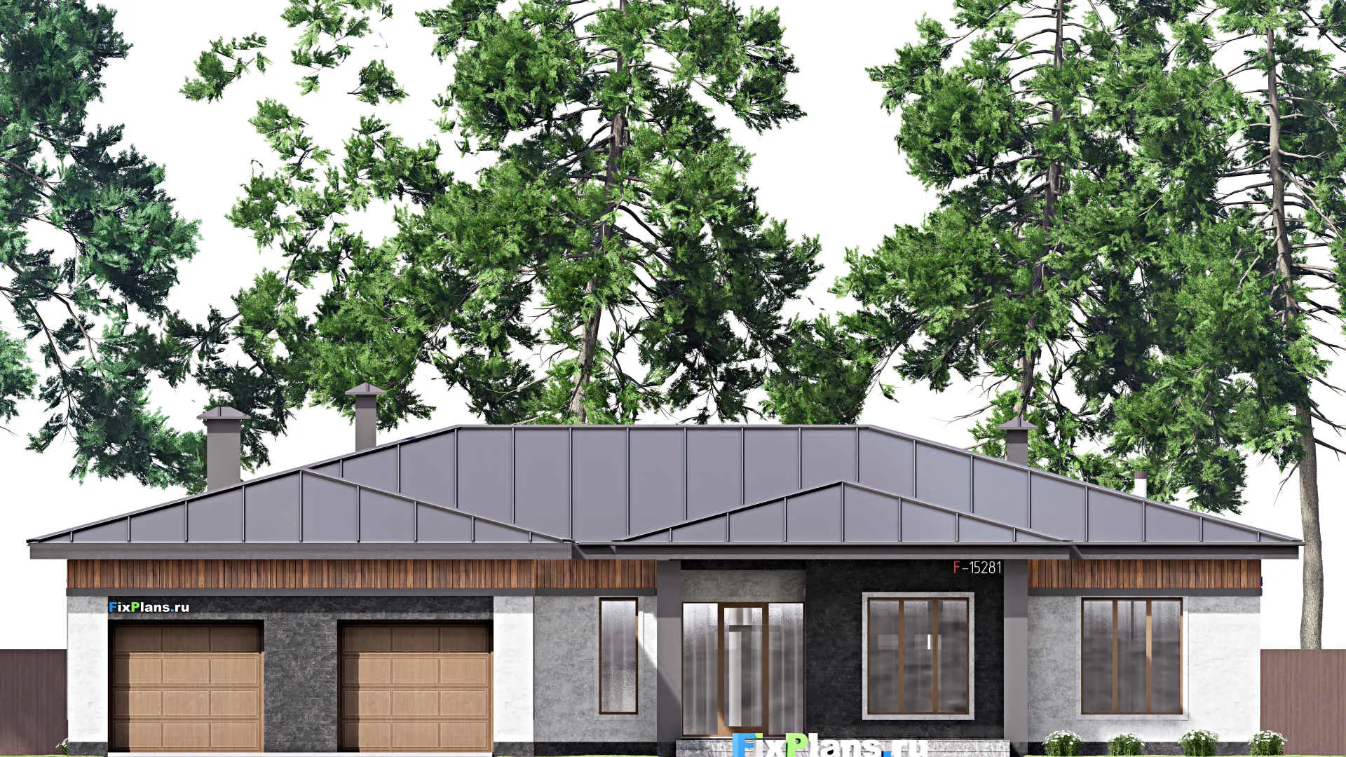 F-15281 - План одноэтажного дома 23 на 25, площадью 410 м² с террасой, баней, гаражом на 2 машины и 3 спальнями