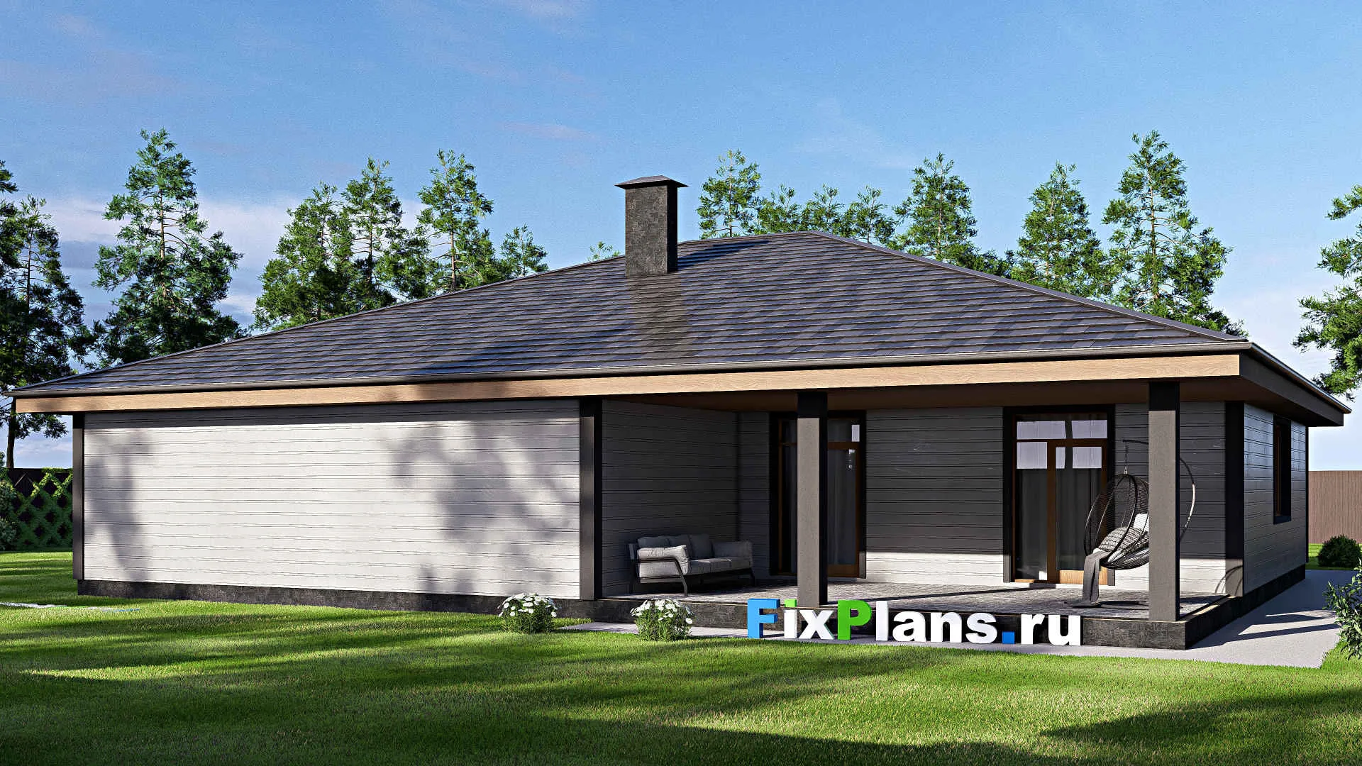 F-18890 - Проект одноэтажного дома 18 на 18, площадью 200 м² с гаражом на 1 машину и 3 спальнями