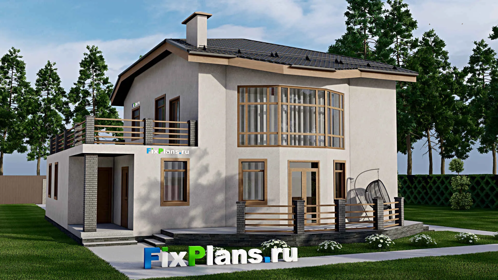 F-2699 - Планы двухэтажного дома 14 на 14, площадью 300 м² с террасой, балконом, гаражом на 1 машину, бассейном и 4 спальнями