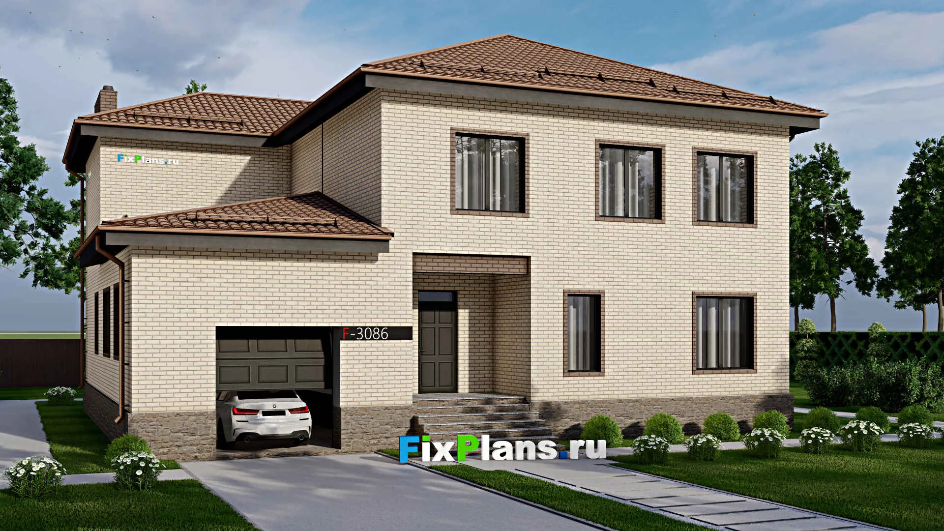 F-3086 - Проект двухэтажного дома 17 на 18, площадью 410 м² с террасой, цокольным этажом, баней, гаражом на 1 машину и 5 спальнями