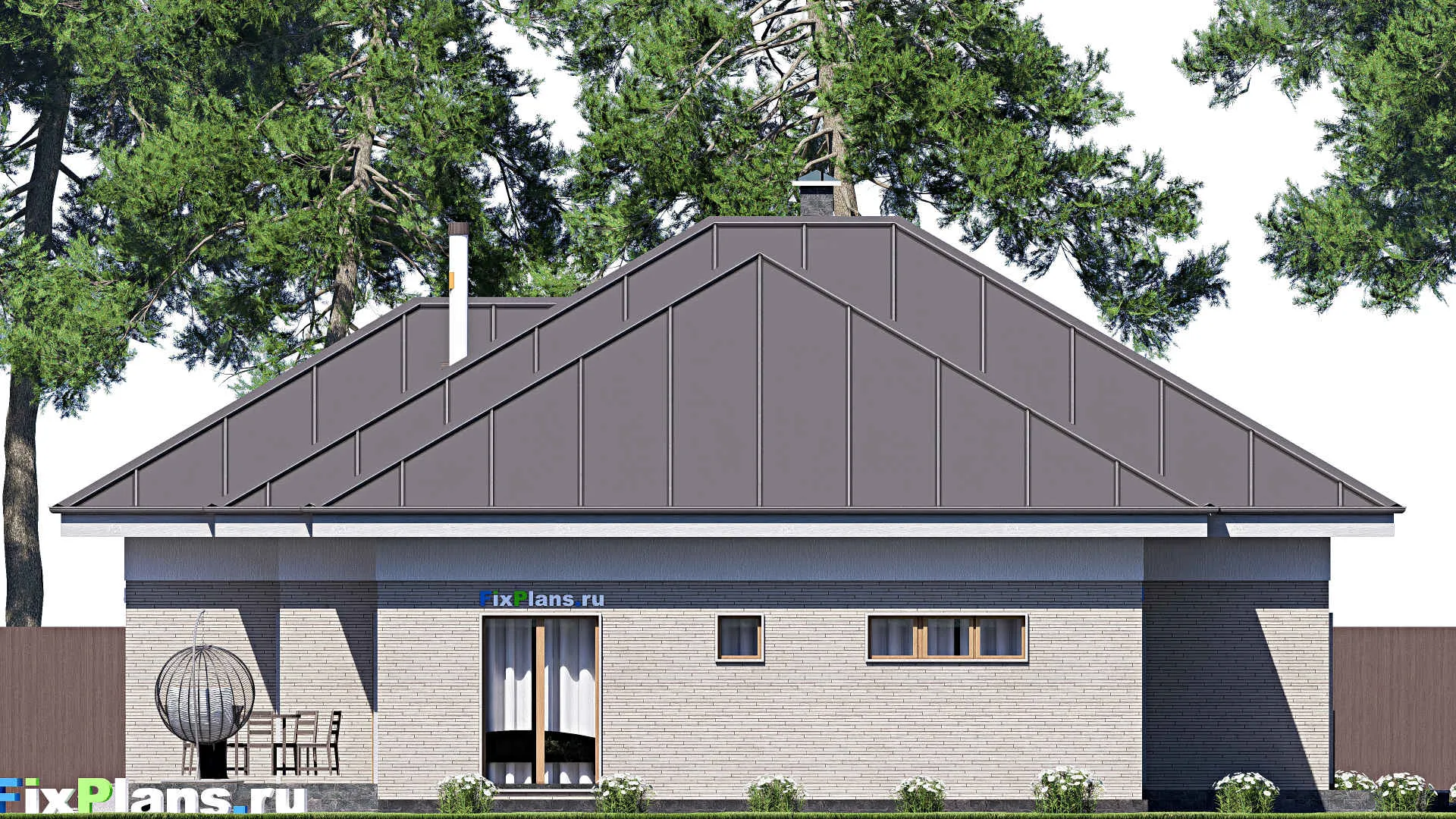 F-20402 - План одноэтажного дома 16 на 22, площадью 270 м² с террасой, гаражом на 1 машину и 3 спальнями