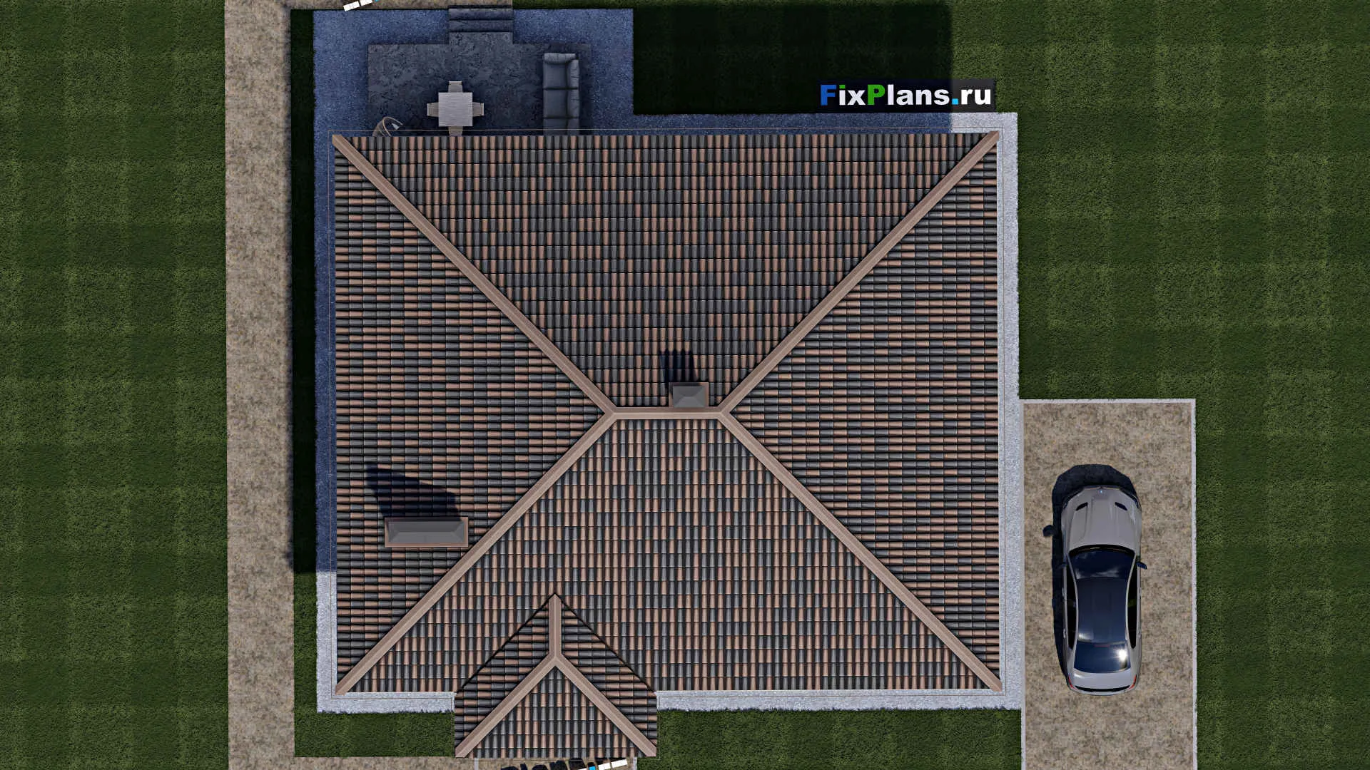 F-1232 - План одноэтажного дома 12 на 14, площадью 150 м² с террасой и 3 спальнями