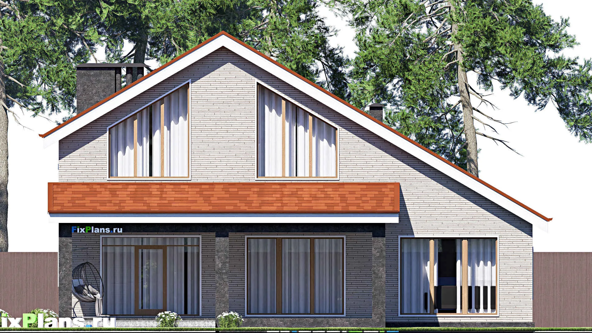 F-19205 - Планы дома с мансардой 15 на 16, площадью 260 м² с террасой, балконом, гаражом на 1 машину и 5 спальнями