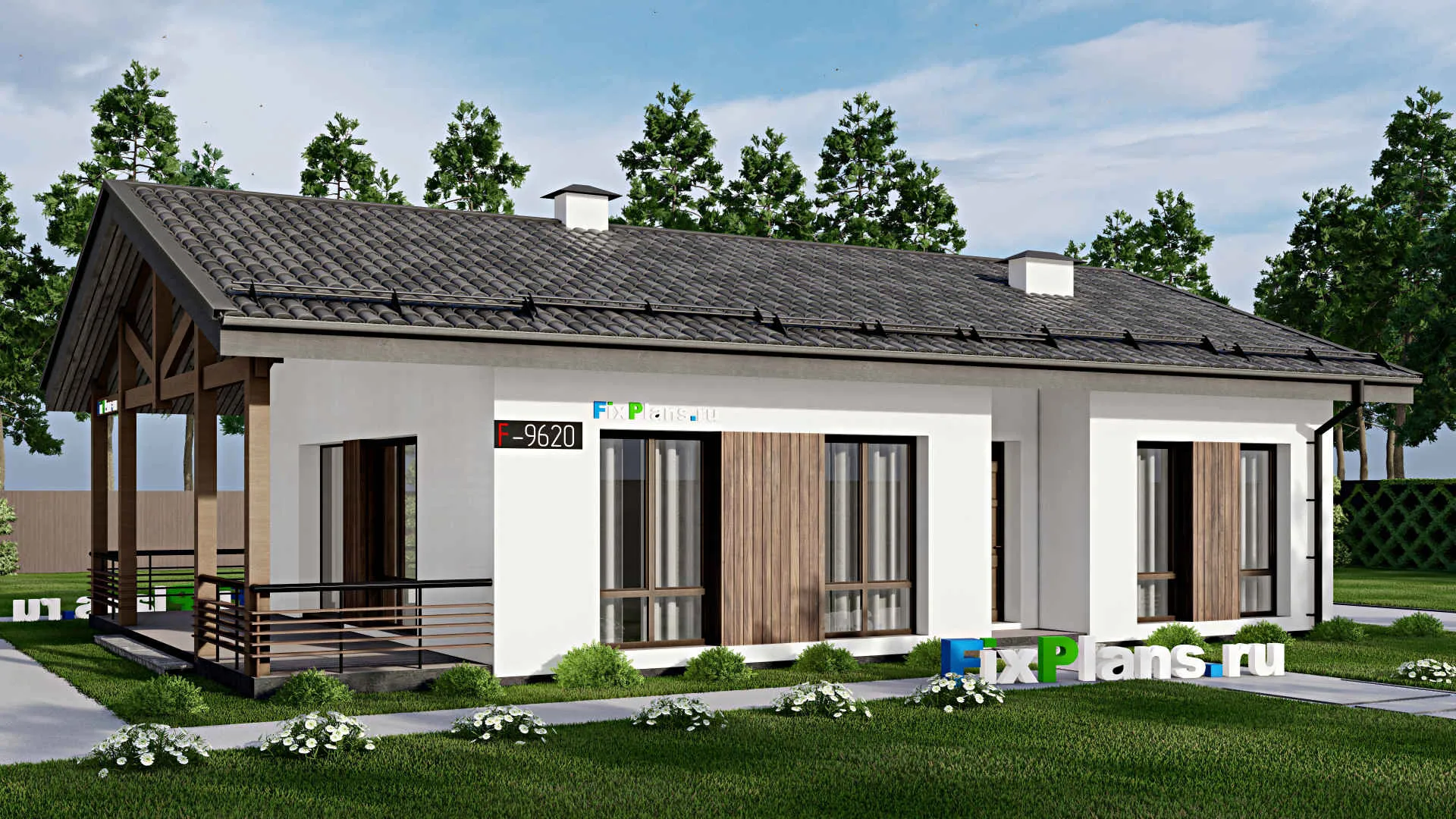 F-9620 - Проект одноэтажного дома 11 на 16, площадью 130 м² с террасой и 3 спальнями