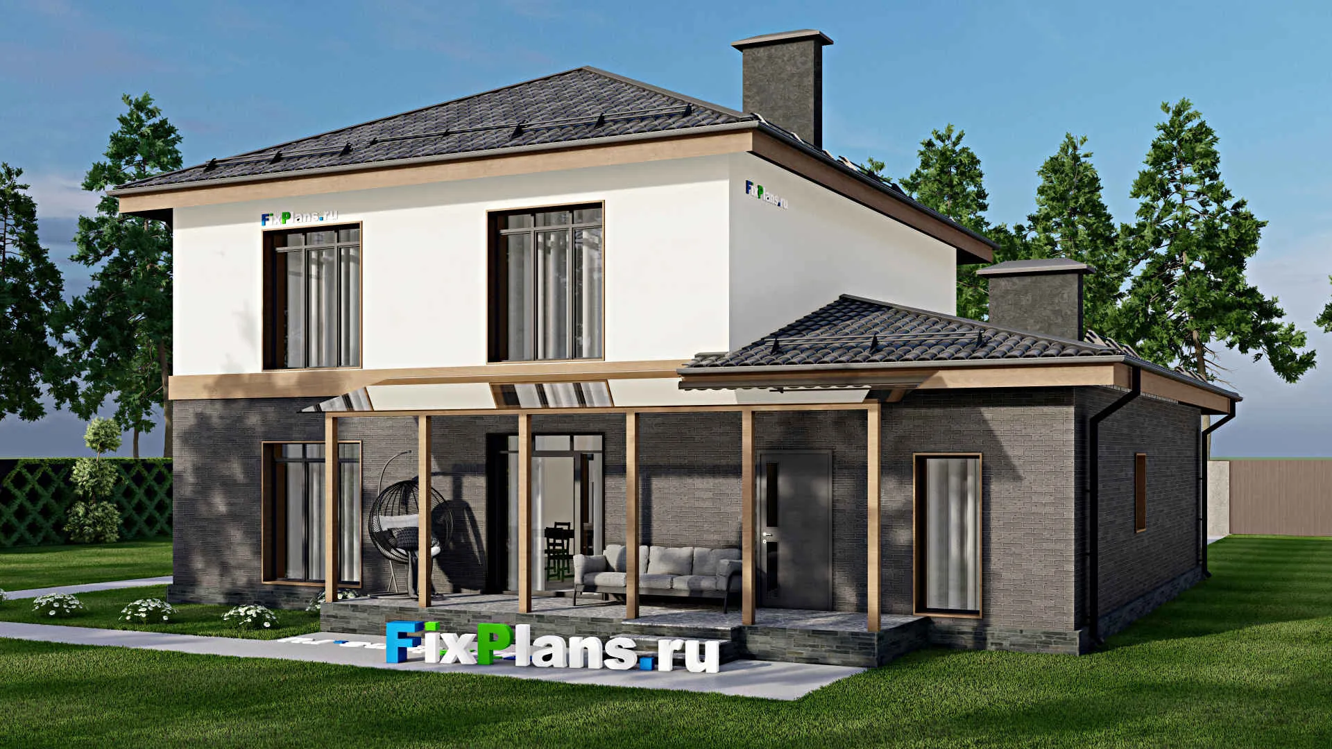 F-5813 - Планы двухэтажного дома 13 на 15, площадью 270 м² с террасой, балконом, гаражом на 2 машины и 5 спальнями