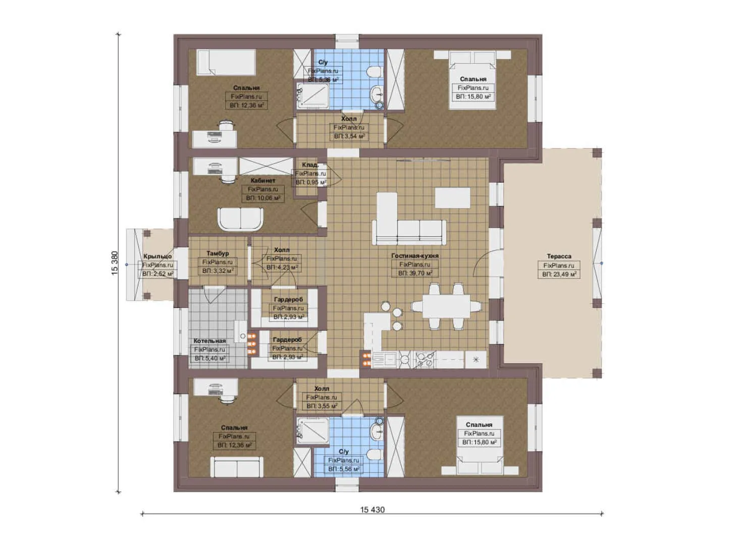 F-15245 - План одноэтажного дома 16 на 16, площадью 170 м² с террасой и 4 спальнями