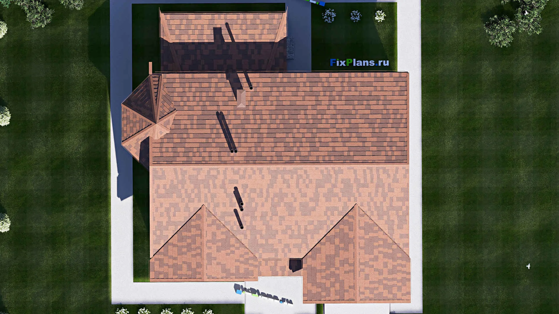 F-20240 - Планы двухэтажного дома 19 на 20, площадью 360 м² с террасой, гаражом на 2 машины и 3 спальнями