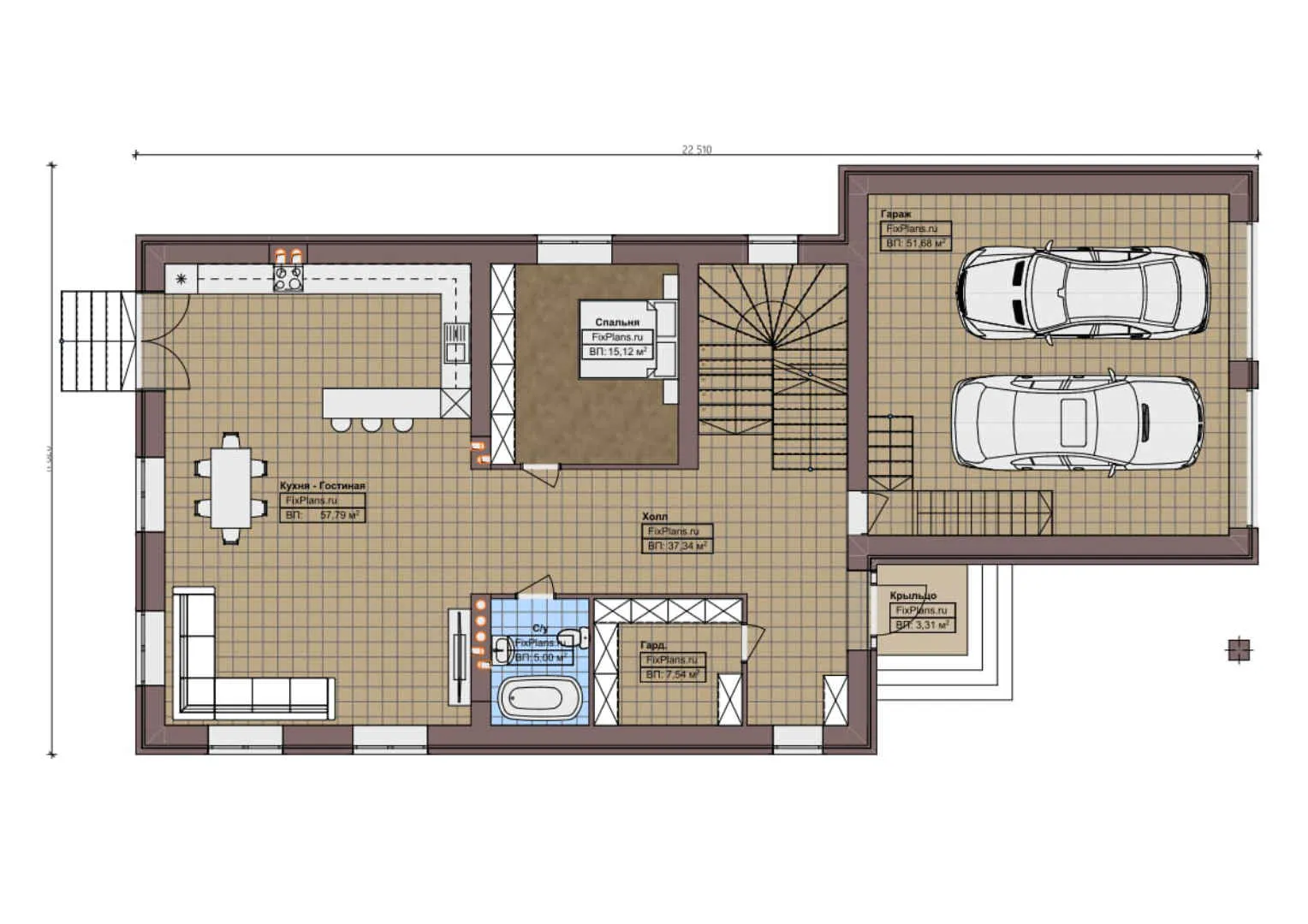 F-1565 - Планы двухэтажного дома 12 на 23, площадью 290 м² с гаражом на 2 машины и 4 спальнями
