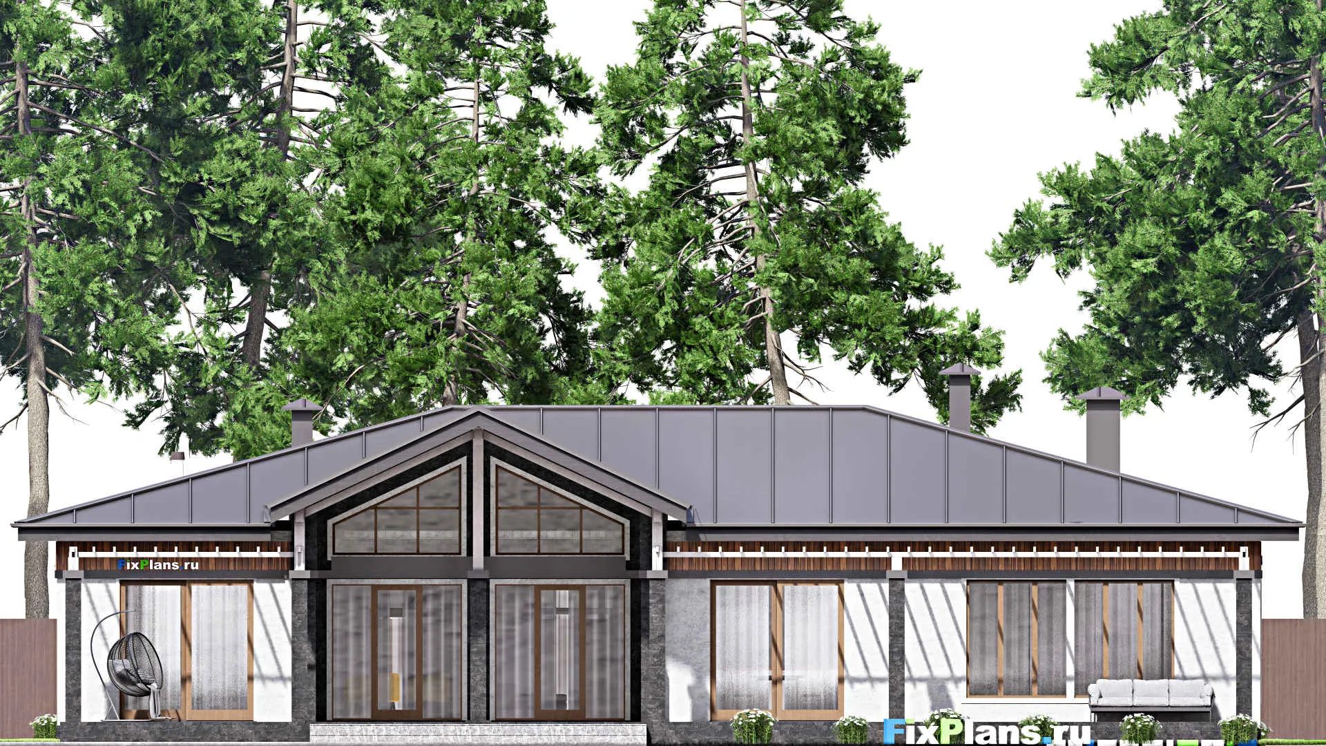 F-15281 - План одноэтажного дома 23 на 25, площадью 410 м² с террасой, баней, гаражом на 2 машины и 3 спальнями