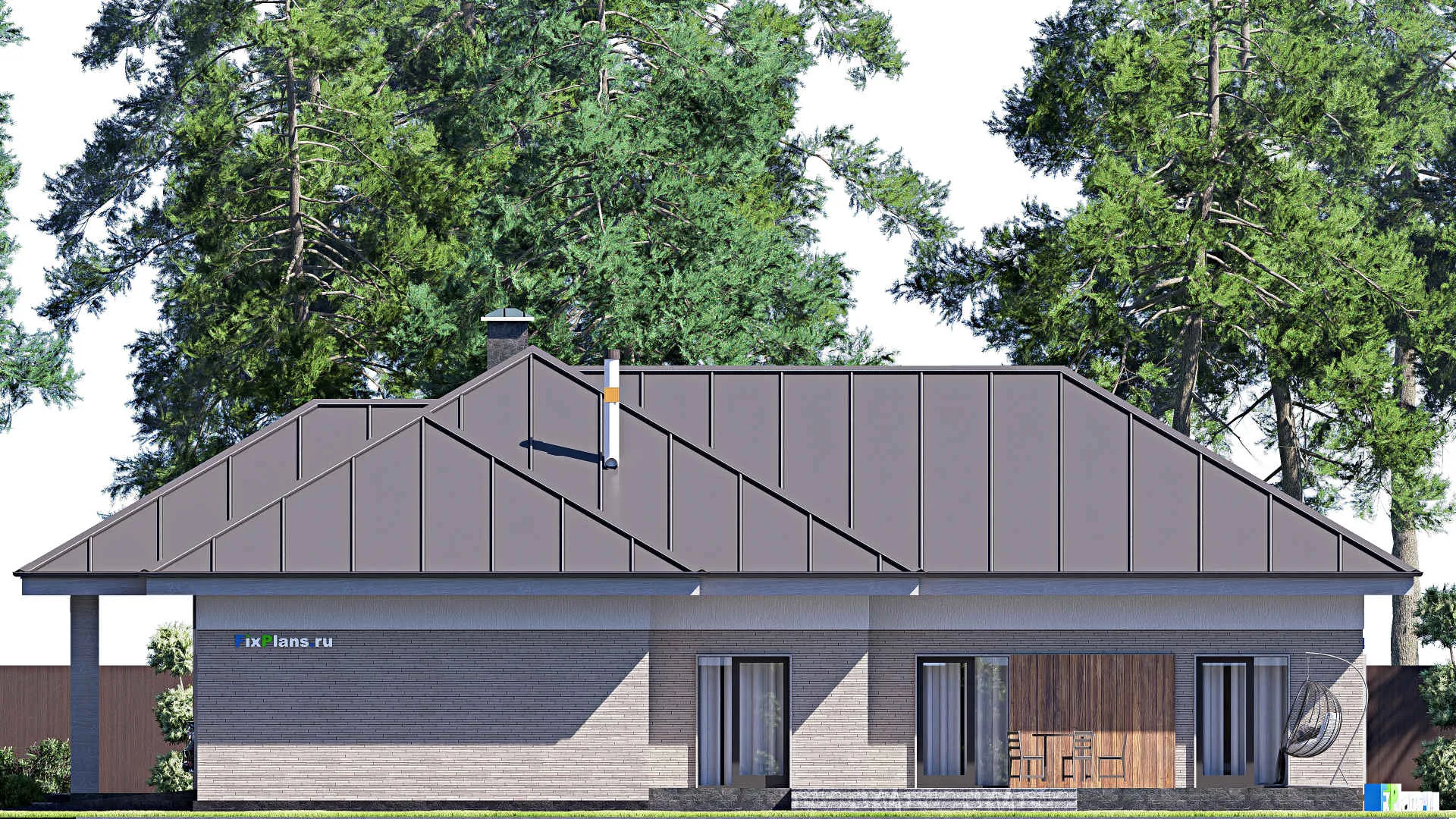 F-20402 - План одноэтажного дома 16 на 22, площадью 270 м² с террасой, гаражом на 1 машину и 3 спальнями