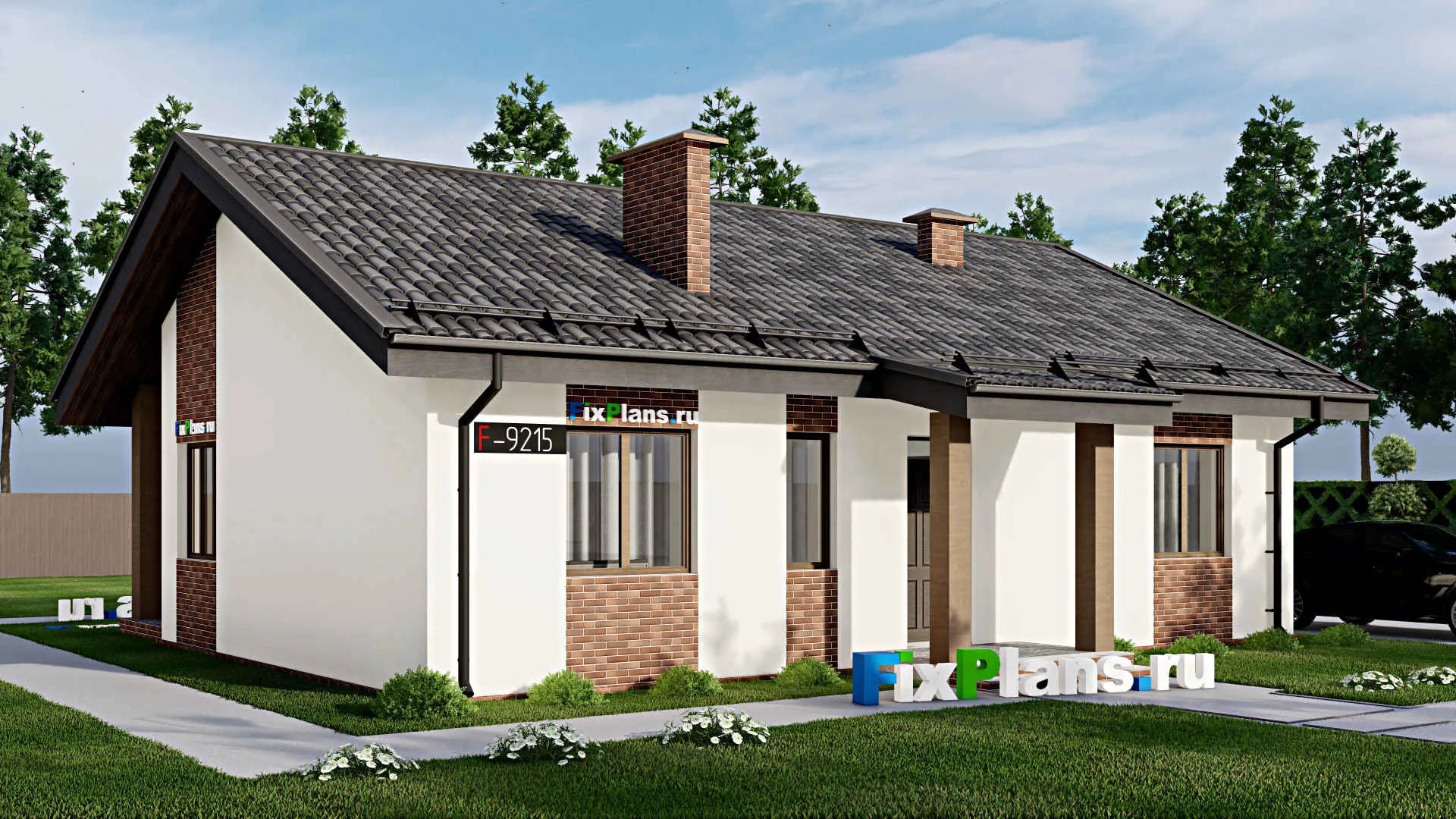 F-9215 - Проект одноэтажного дома 12 на 13, площадью 110 м² с террасой и 3 спальнями