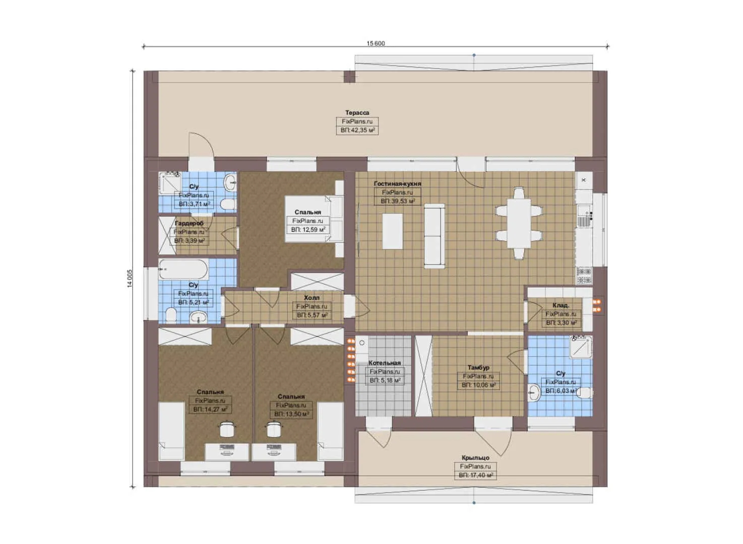 F-12932 - План одноэтажного дома 15 на 16, площадью 190 м² с террасой и 3 спальнями