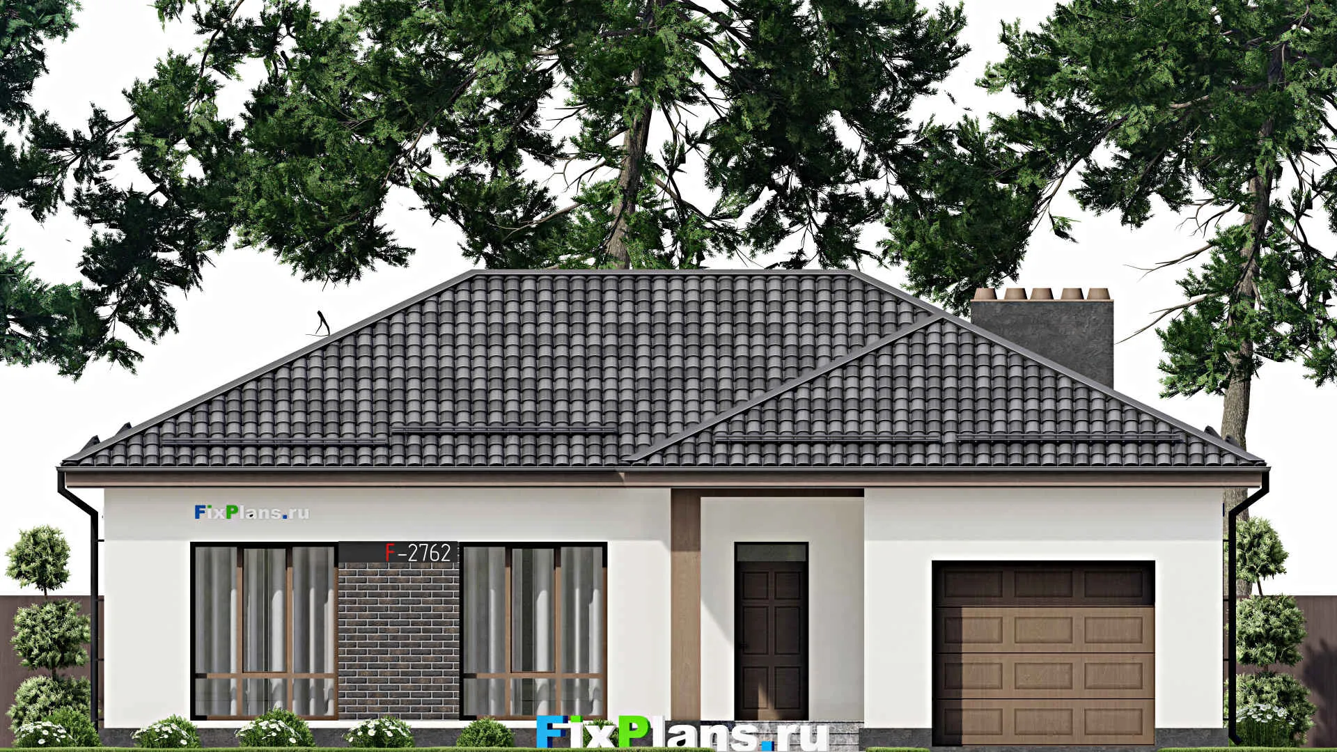 F-2762 - План одноэтажного дома 14 на 16, площадью 140 м² с террасой, гаражом на 1 машину и 3 спальнями