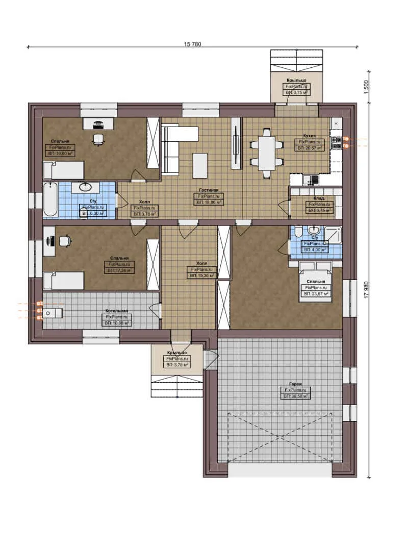 F-5858 - План одноэтажного дома 16 на 18, площадью 190 м² с гаражом на 2 машины и 3 спальнями