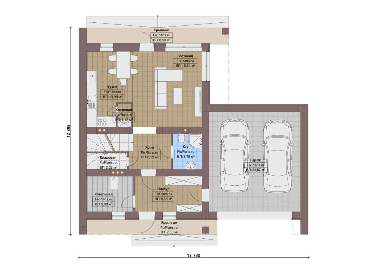 F-16208 - Планы дома с мансардой 13 на 14, площадью 180 м² с балконом, гаражом на 1 машину и 3 спальнями