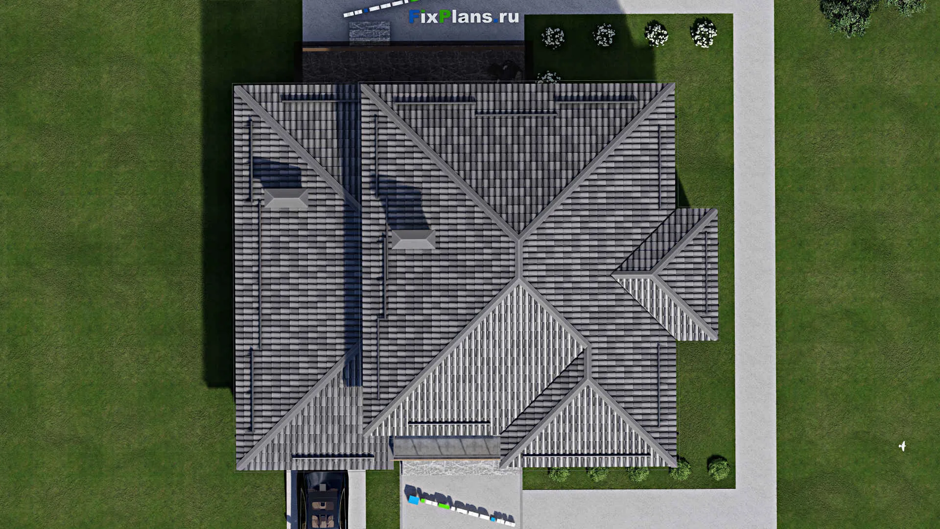 F-5813 - Планы двухэтажного дома 13 на 15, площадью 270 м² с террасой, балконом, гаражом на 2 машины и 5 спальнями